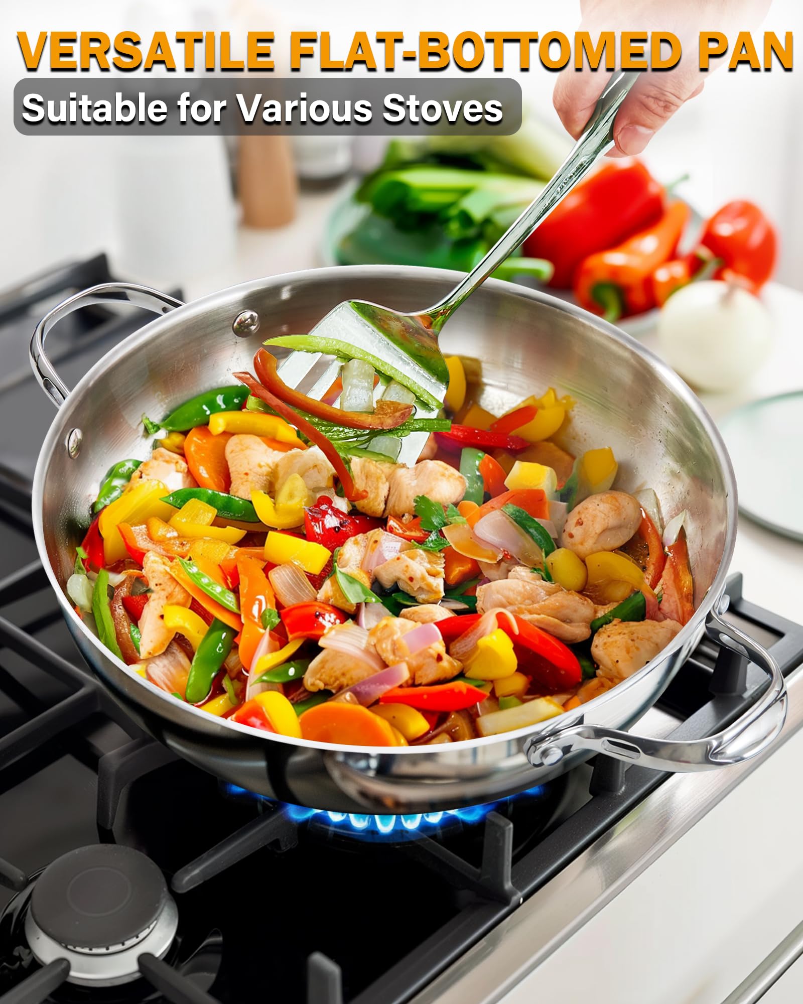Premium 12-Inch Stainless Steel Wok Pan with Glass Lid - Professional Stir Fry & Sauté Pan for Asian Cooking, Healthy Meals & Fast Weeknight Dinners - Cooks Standard Classic Chef's Pan (30cm, Silver)