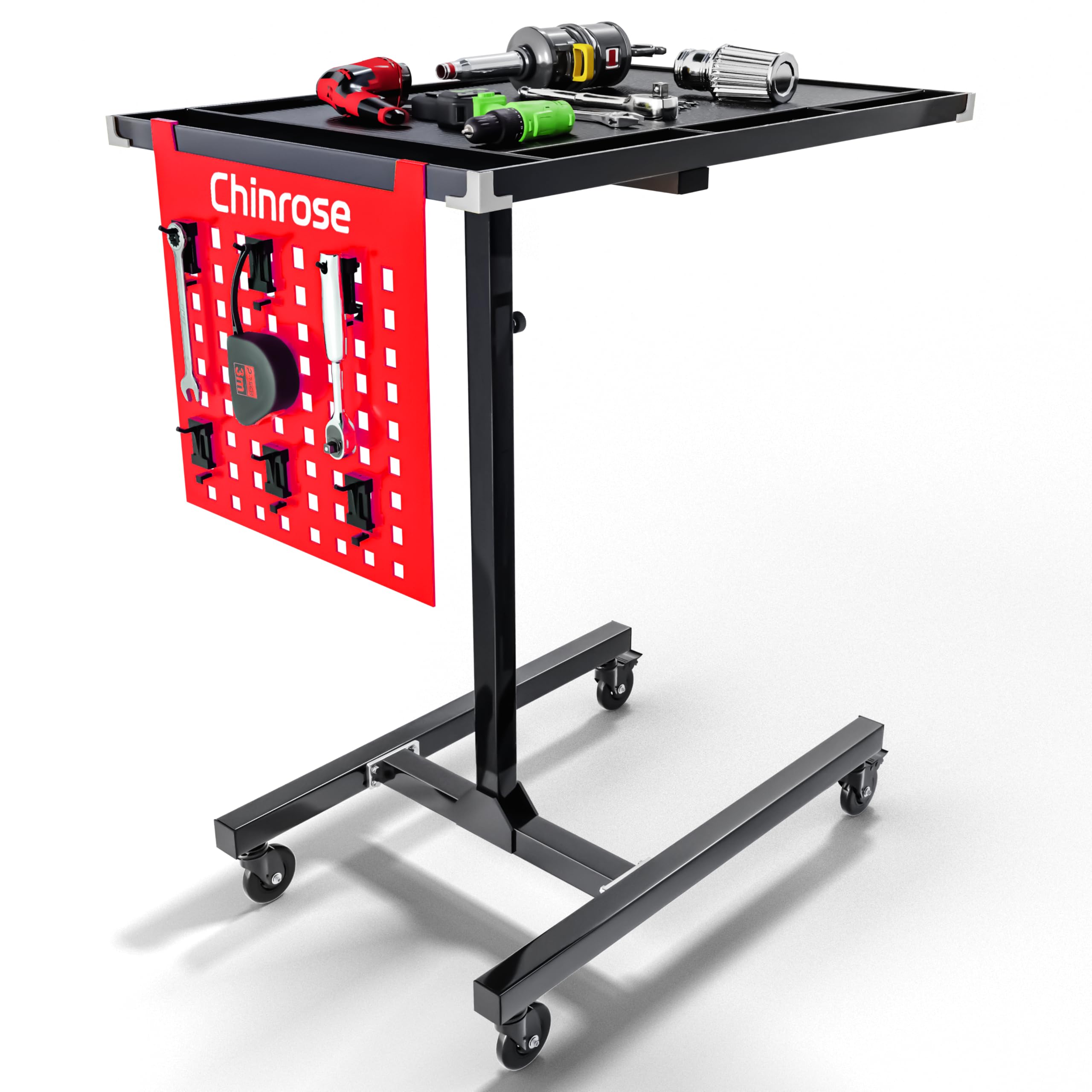 Heavy Duty Adjustable Workbench with Pegboard & Rolling Tool Tray - Mobile Workstation for Mechanics, Garage, Workshop & Warehouse | Perfect for DIY Projects, Auto Repair & Home Organization
