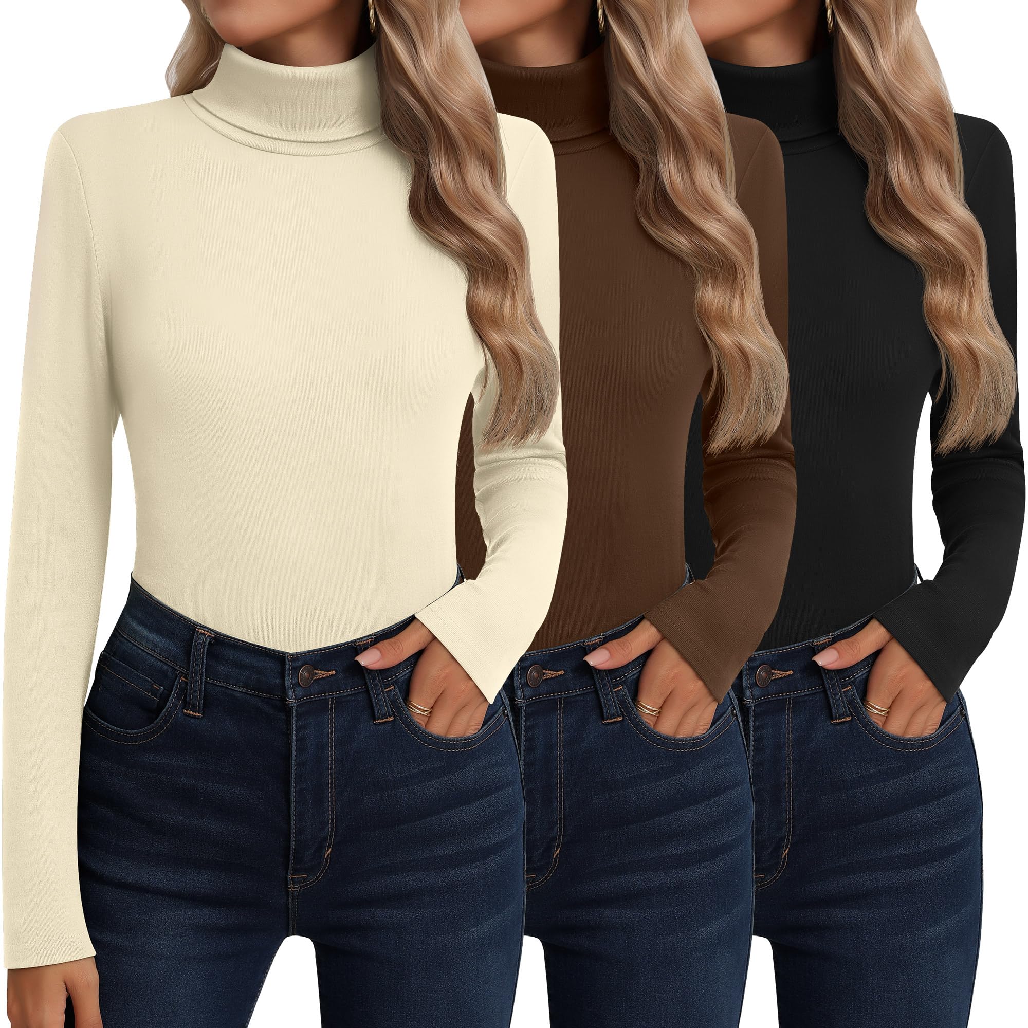 Neer 3 Pack Women's Cotton Turtleneck Long Sleeve Thermal Tops - Soft Base Layer Shirts for Fall & Winter - Perfect for Layering, Office Wear & Cold Weather Outfits