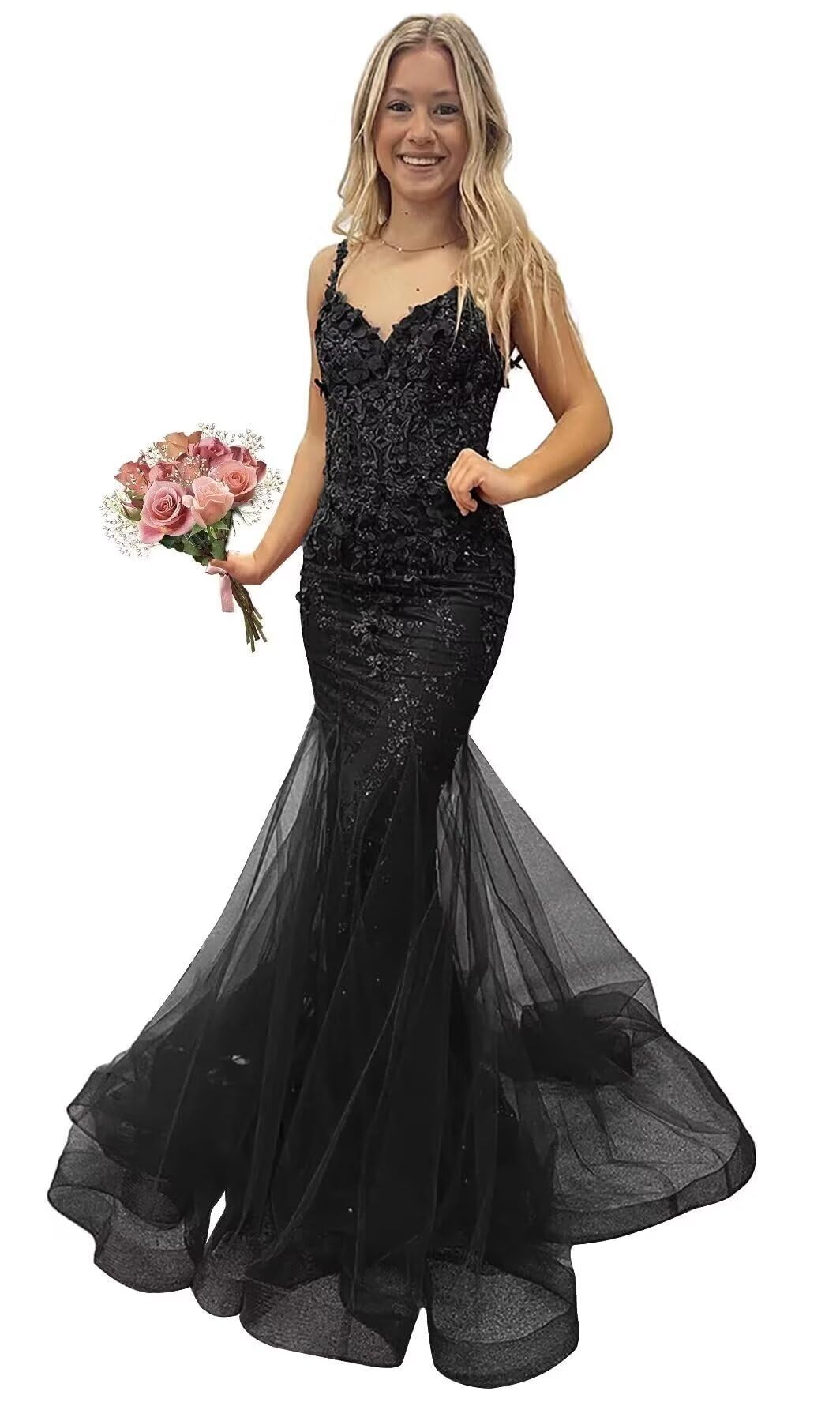 2024 Elegant Lace Appliques Prom Dresses for Women - Long Mermaid Sequin Tulle Evening Gown with Spaghetti Straps | Perfect for Homecoming, Formal Dances & Special Occasions
