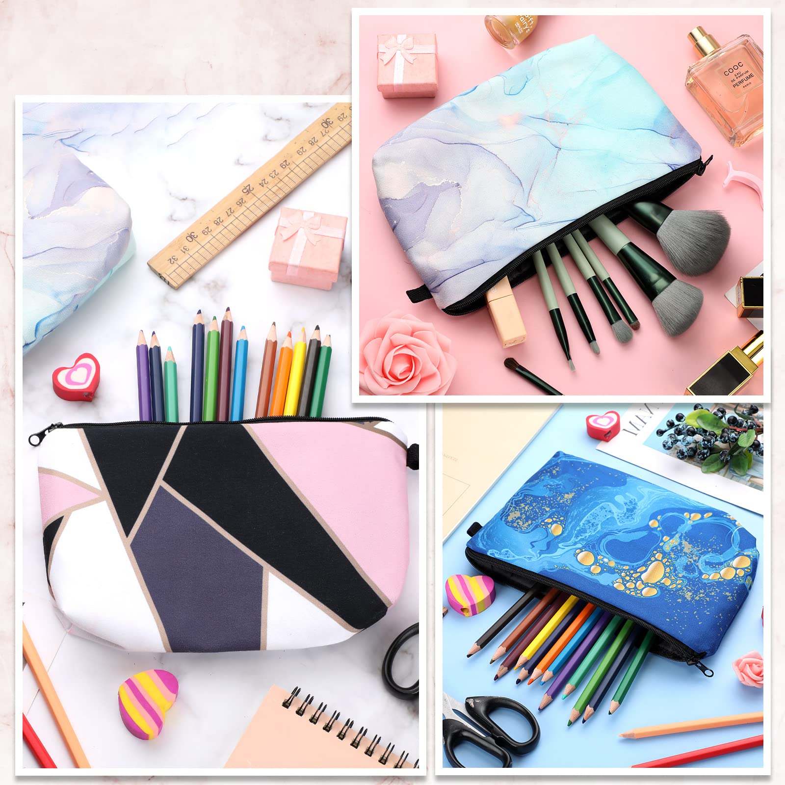 12-Piece Waterproof Printed Makeup Bags Set with Zipper - Large Roomy Cosmetic Organizer Pouches for Women (Marble Style) | Perfect for Travel, Gym & Daily Beauty Storage