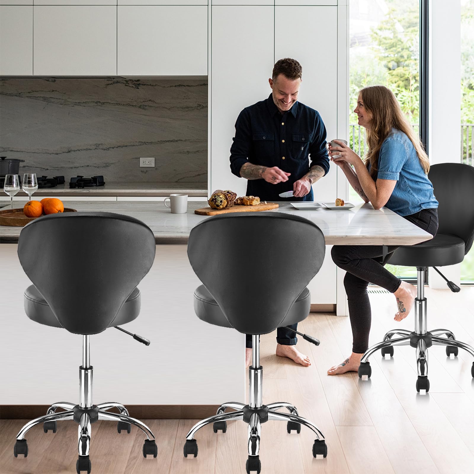 4 Pack PVC Faux Leather Rolling Swivel Salon Stools with Wheels - 15