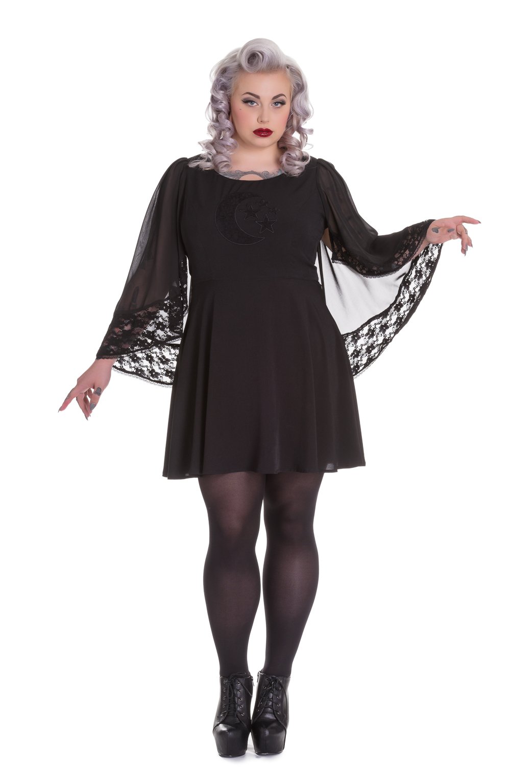 Spin Doctor Plus Bewitched Black Moon & Stars Sheer Lace Wing Sleeves Black Dress Size 2XL | Gothic Halloween Costume, Evening Party Wear, Cosplay Outfit