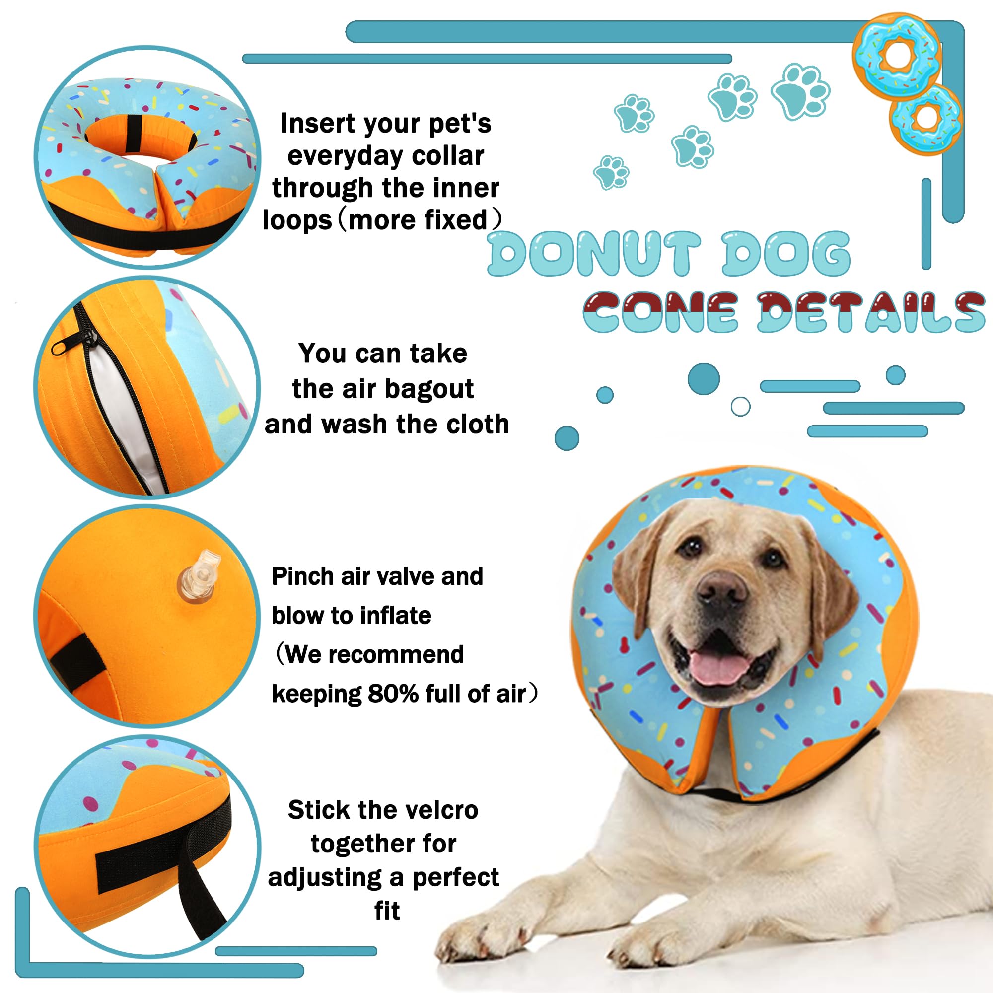 Soft Inflatable Recovery Donut Collar for Dogs & Cats - Adjustable Post-Surgery Cone Alternative for Small, Medium & Large Pets (Blue, Small) - Comfortable & Lightweight for Wound Healing & Daily Use