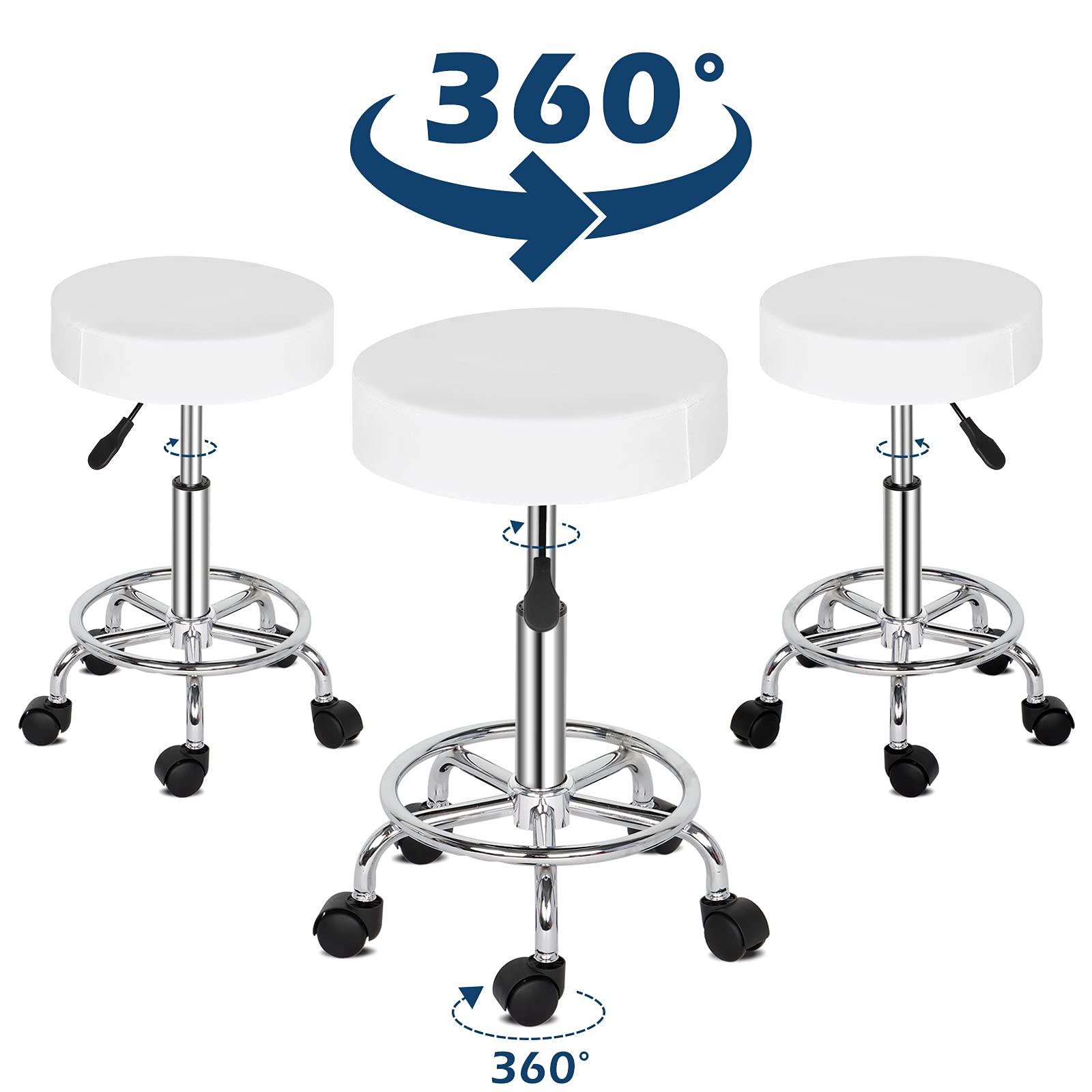 Winado Adjustable Height 360° Swivel Bar Stool - Modern PU Leather Counter Stool with Wheels for Kitchen, Dining Room, Bistro & Salon - Perfect for Home, Cafe and Spa Settings (White)