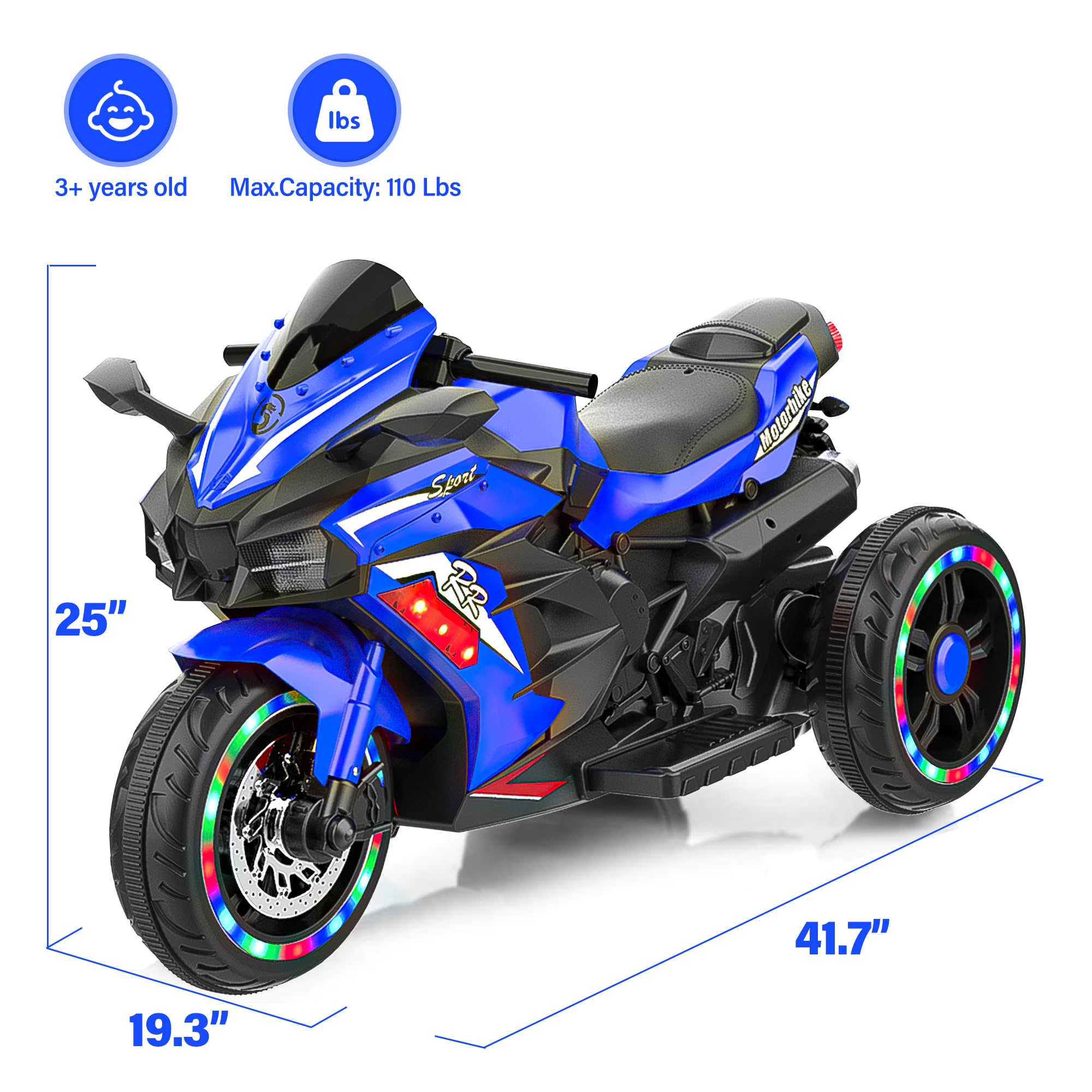 12V Kids Electric Ride On Motorcycle - 3-Wheel Battery Powered Toy Bike for Boys & Girls Ages 3-6 | LED Light-Up Tires, PU Seat & Racing Handlebars | Perfect Birthday Gift for Toddlers | Indoor & Outdoor Play
