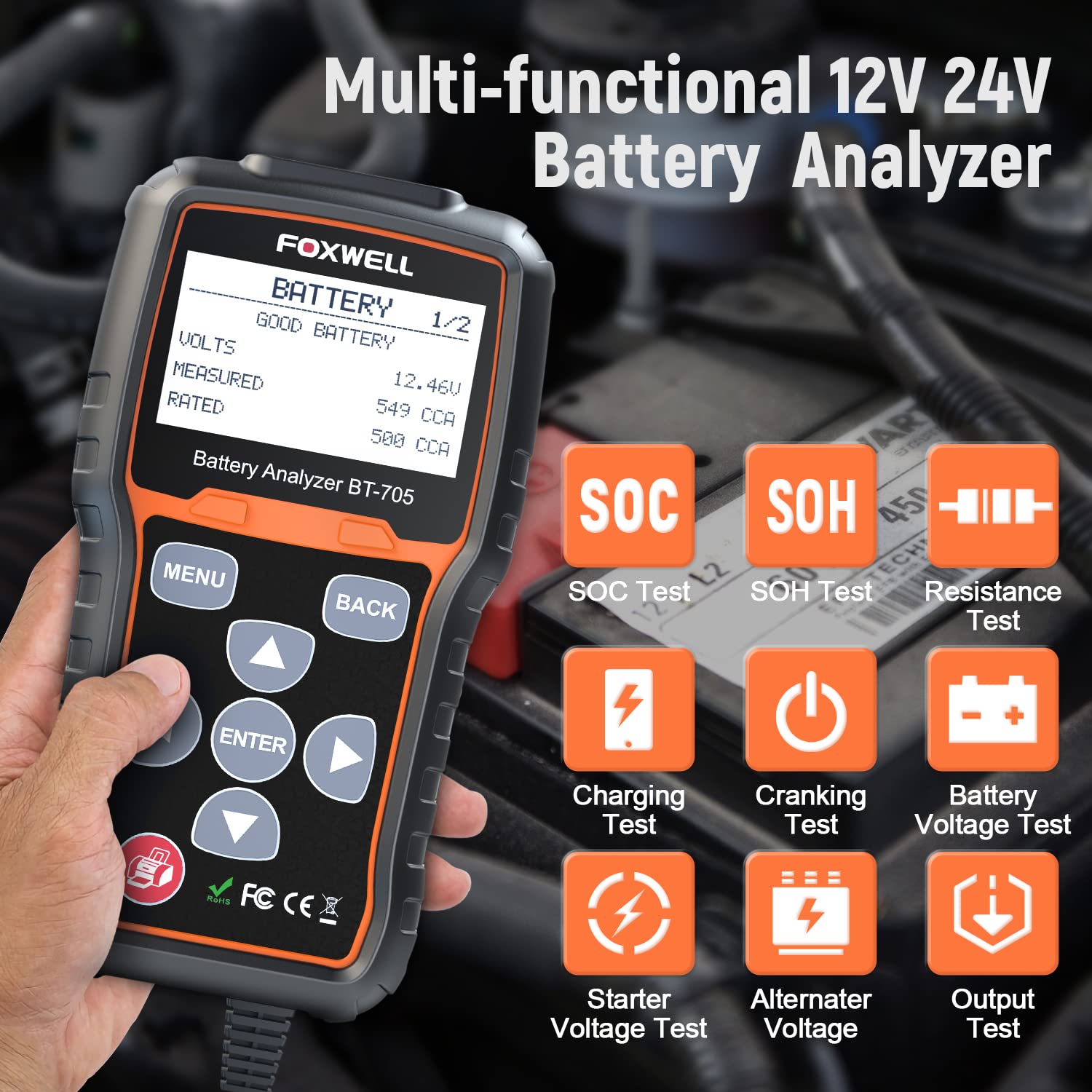 FOXWELL BT705 BT100 Pro 12V 24V Automotive Battery Tester - Accurate Car & Truck Battery Analyzer for Voltage, CCA, SOC, SOH - Perfect for Mechanics, DIY Enthusiasts & Fleet Maintenance
