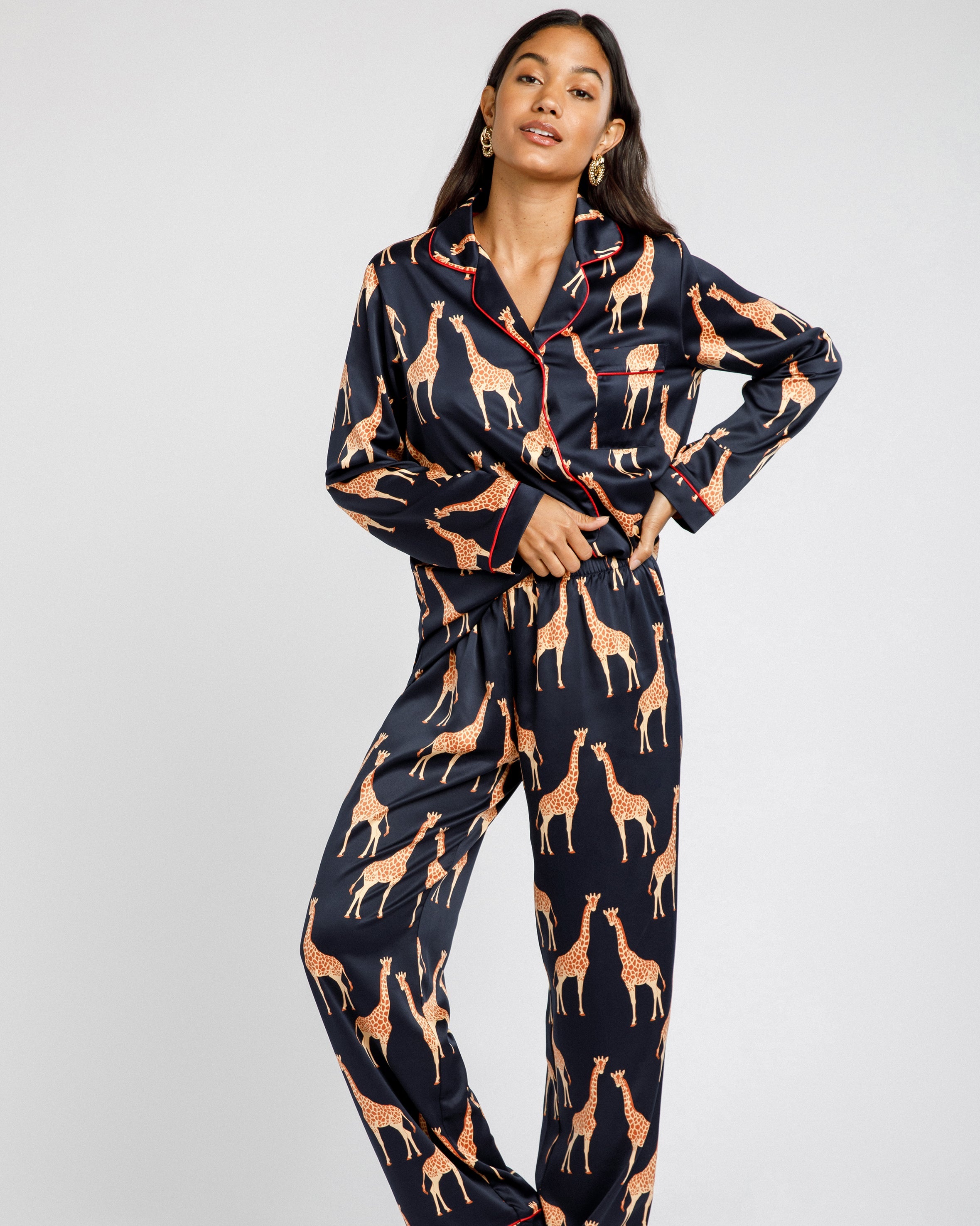 Satin Giraffe Print Long Pajama Set for Women - Soft & Comfortable Sleepwear - Navy Blue Animal Print Pajamas for Lounge, Sleep & Relaxation at Home