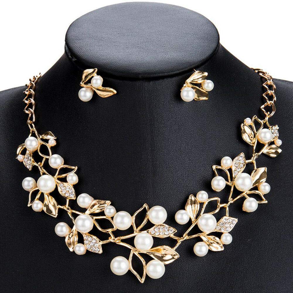 Women's Pearl Flower Necklace - Gold Statement Bib Choker for Parties & Weddings