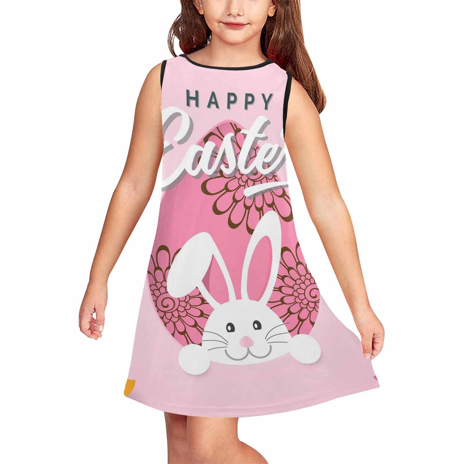 Easter Egg Rabbit Girl Sleeveless Shift Dress for Kids - Casual & Party Midi Tank Dress - Perfect for Easter Celebrations, Birthday Parties & Spring Outfits