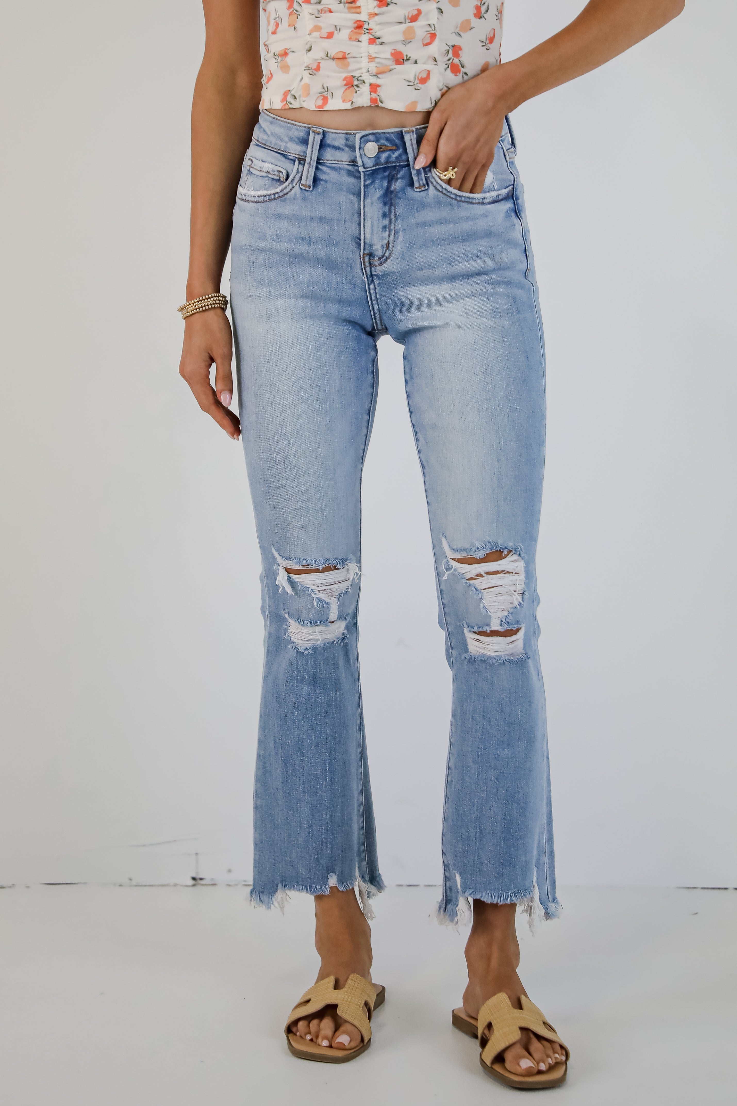 Cindy Light Wash Distressed Crop Flare Jeans for Women - Vintage High Waisted Stretch Denim Pants - Perfect for Casual Outfits, Streetwear & Retro Fashion