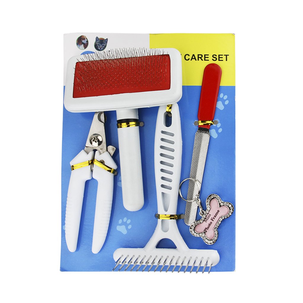 Stainless Steel Pet Grooming Kit - 5pc Nail Clipper, Brush & Comb Set for Dogs & Cats - Groom Short/Long Hair at Home