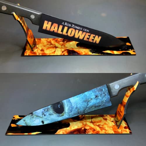 2007 Halloween Michael Myers Kitchen Knife with Laser Engraved Stand - Officially Licensed Collectible Horror Movie Prop for Cosplay, Halloween Decor & Horror Film Fans