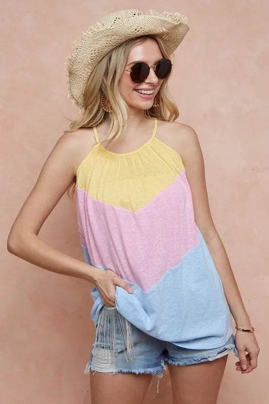 BiBi Triblend Knit Color Block Halter Neck Top - Women's Fashion Casual T-Shirt for Summer, Beach & Party Outfits
