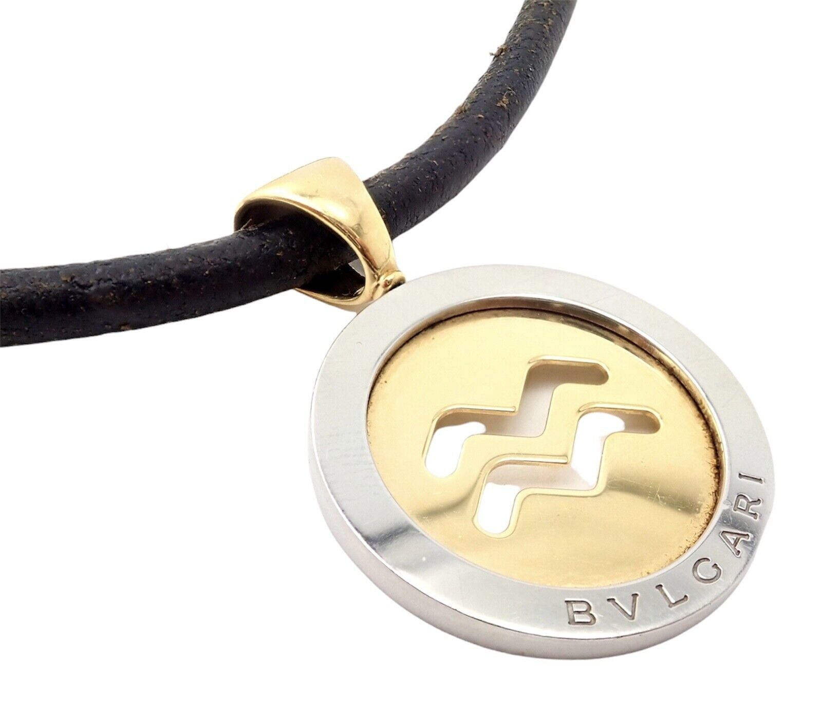 Authentic Bulgari Tondo 18k Yellow Gold & Steel 31mm Aquarius Pendant Necklace - Luxury Zodiac Jewelry for Women, Perfect Gift for Birthday & Anniversary