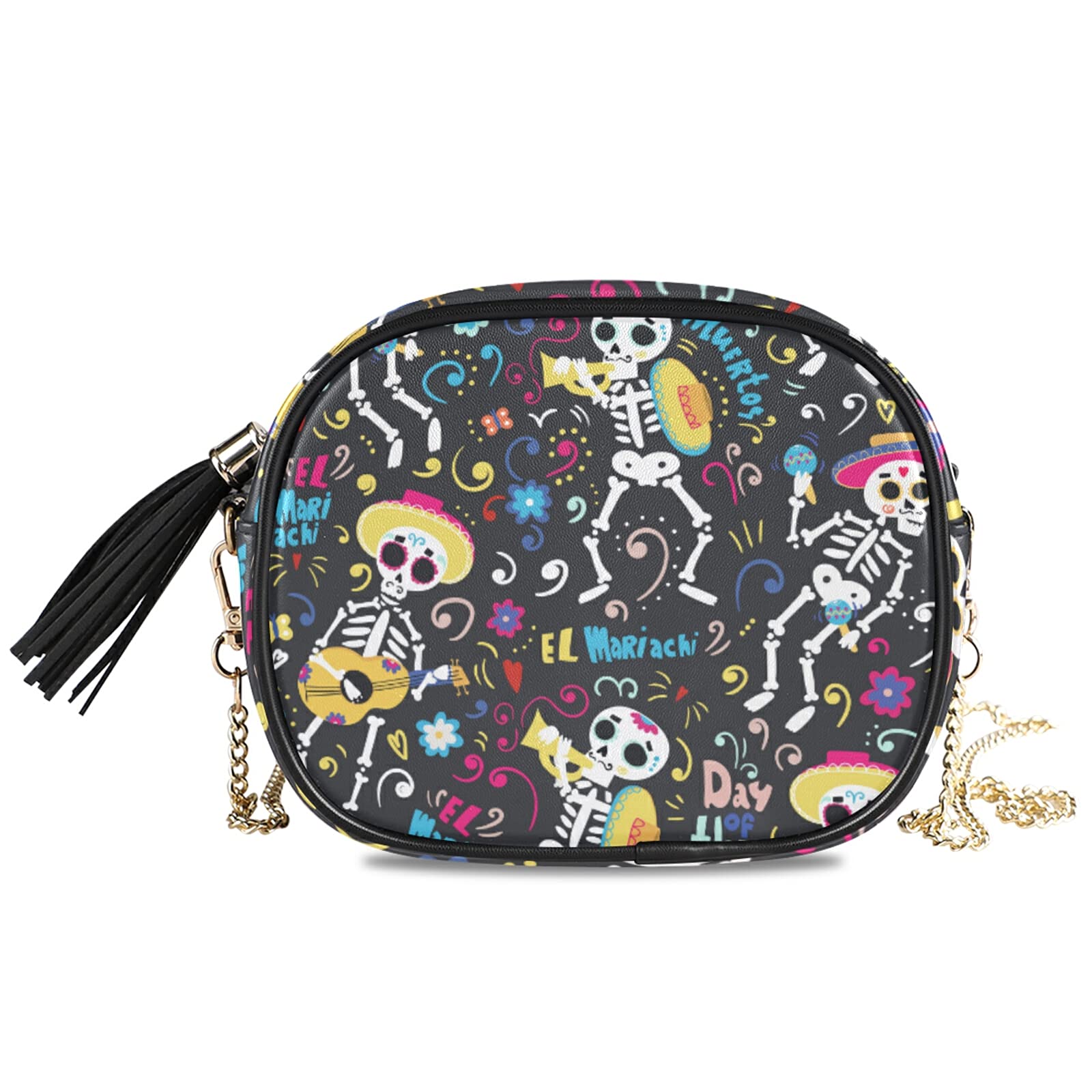 Stylish Sugar Skull Day of the Dead Yellow Crossbody Bag with Chain & Tassel - Women's Gothic Shoulder Purse for Halloween, Dia de los Muertos Celebrations & Festival Fashion
