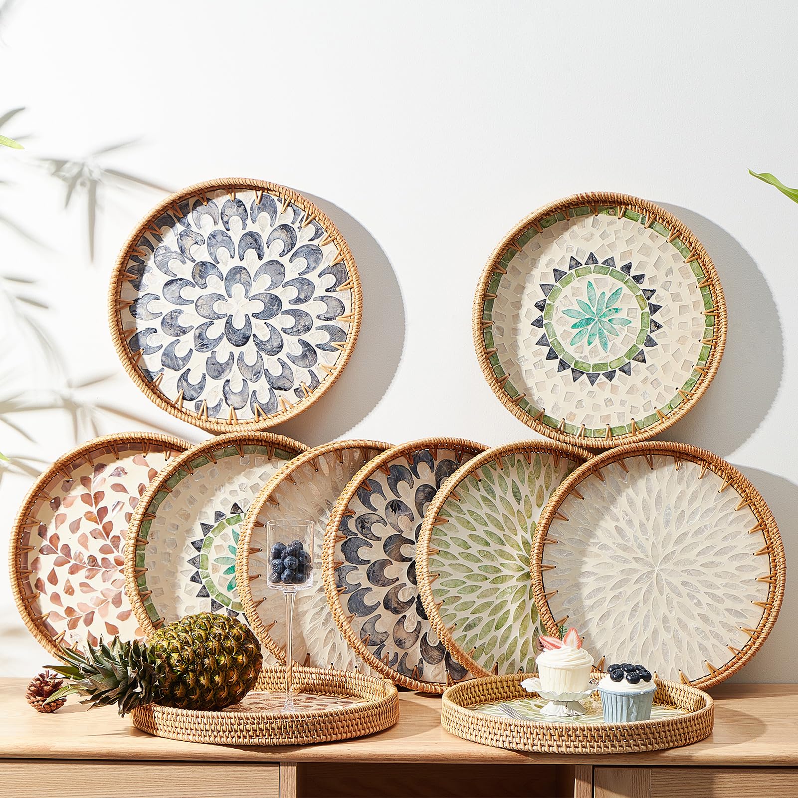 Round Rattan Tray with Mother of Pearl Inlay - Handwoven Wicker Serving Tray with Wooden Base for Coffee, Bread, Fruit Display | Elegant Home Decor for Dining Table, Kitchen Counter, and Living Room Storage