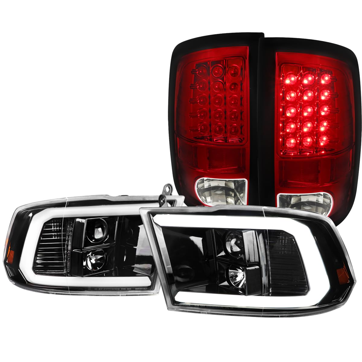 Spec-D Tuning Halo Projector Headlights & LED Tail Lights Combo Kit for Dodge Ram - Black Housing LED Fog Lights, Left & Right Pair Headlamp Assembly - Upgrade Your Truck Lighting for Night Driving & Off-Road Adventures