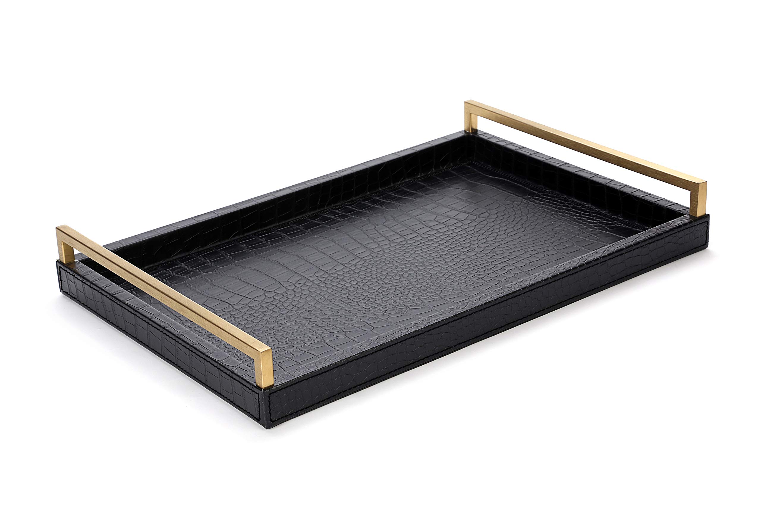 17.8x11.8 Inch Black Leather Ottoman Tray with Brushed Gold Handles - Large Decorative Serving Tray for Bars, Parties & Dining - Modern Home Decor for Living Room, Bedroom & Bathroom Vanity