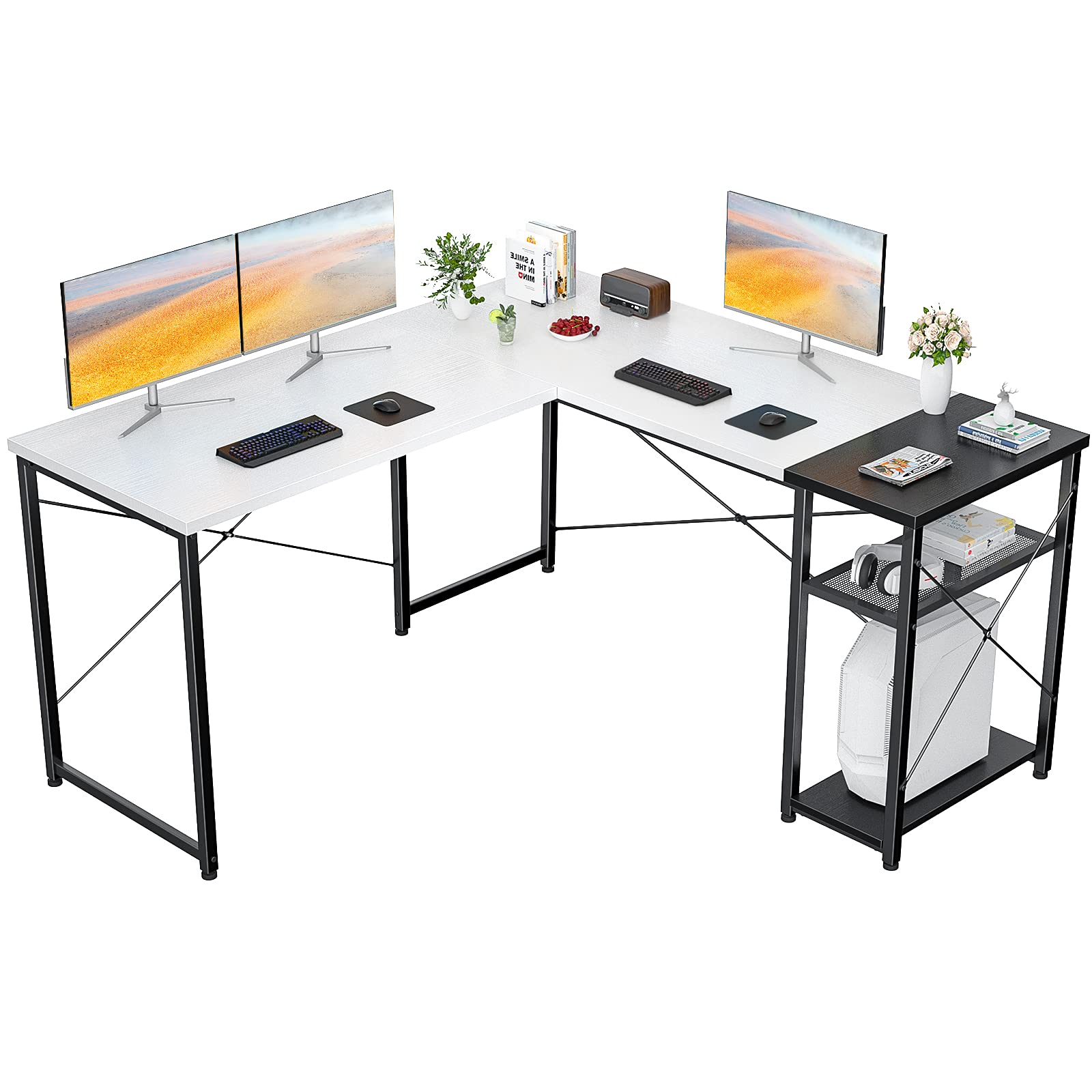 Homfio L-Shaped Desk with Shelves - Corner Computer Desk for Home Office, Gaming & Study | Large Industrial Workstation in White & Black | Perfect for Small Spaces & Multi-Tasking
