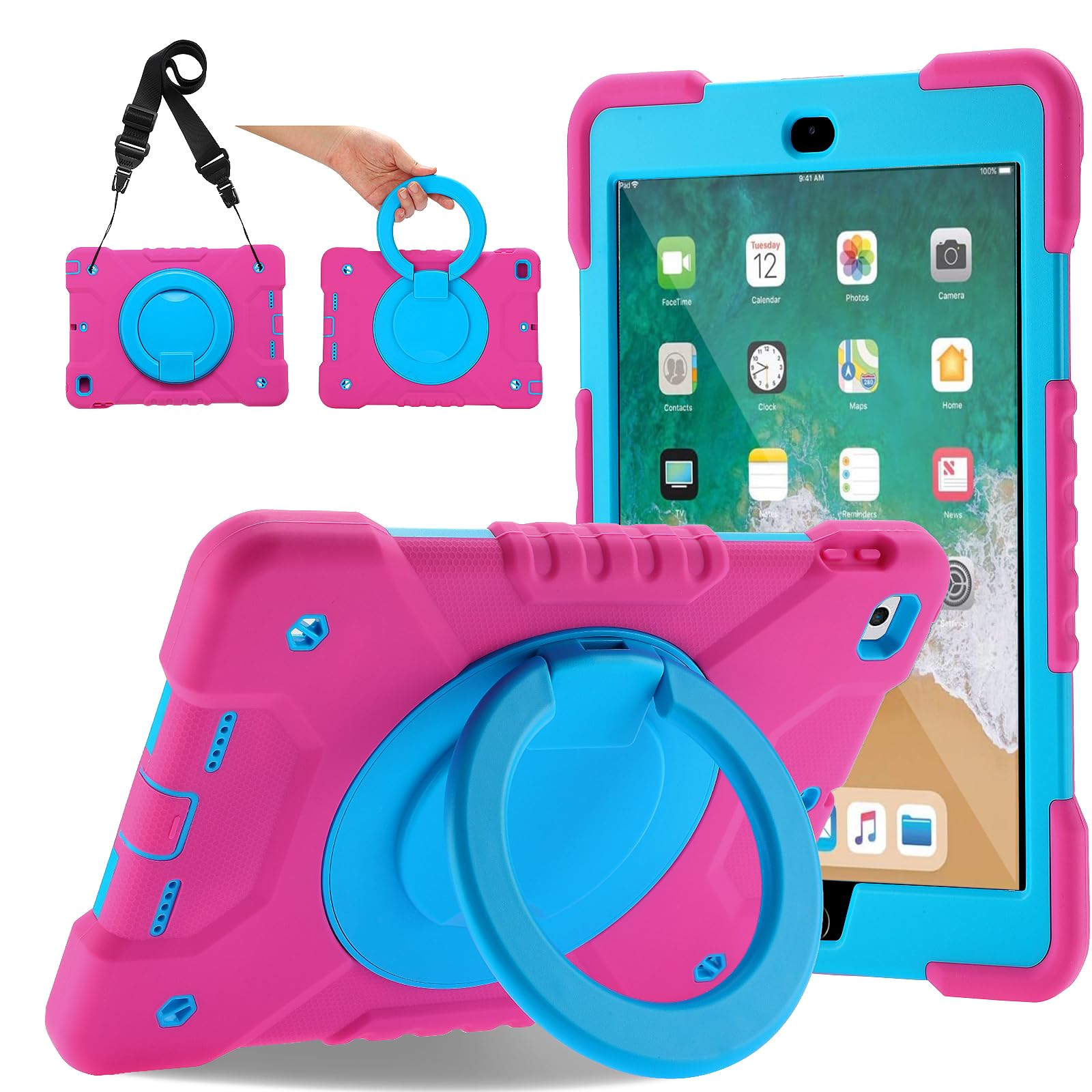 Heavy Duty iPad Case for iPad 6th/5th Generation 9.7 inch (2018/2017) & iPad Air 2/Pro 9.7 inch - Shockproof Protective Cover with Pencil Holder, Adjustable Shoulder Strap & 360° Rotating Stand (Pink+Blue) - Perfect for Travel, School & Outdoor Activities