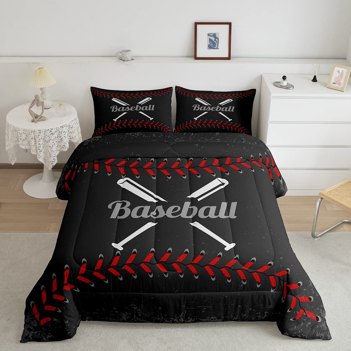 Vintage Sports Baseball Comforter Set Queen Size - Red Black Retro Theme Bedding for Kids & Adults - Soft Microfiber 3-Piece Duvet Cover with 2 Pillowcases - Perfect for Bedroom Decor, Christmas Gifts & Sports Fan Gifts