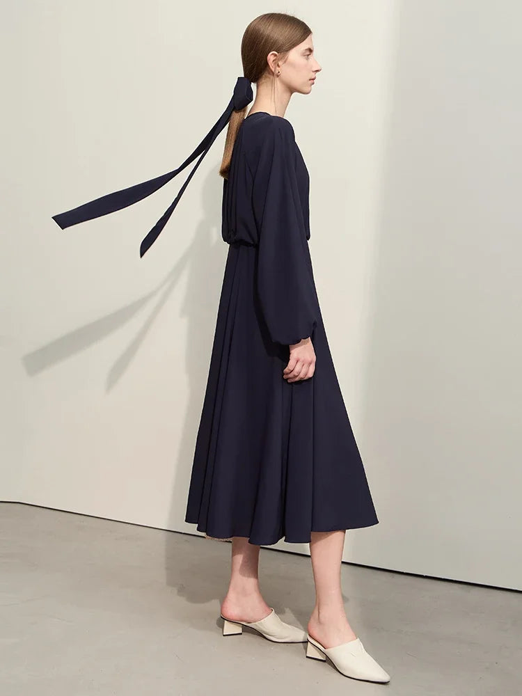 Elegant Minimalist Women's Chiffon Dress - 2024 Spring Summer Flowy A-Line Maxi Dress with Lantern Sleeves & Detachable Waist Belt | Perfect for Beach Vacations, Weddings & Casual Outings