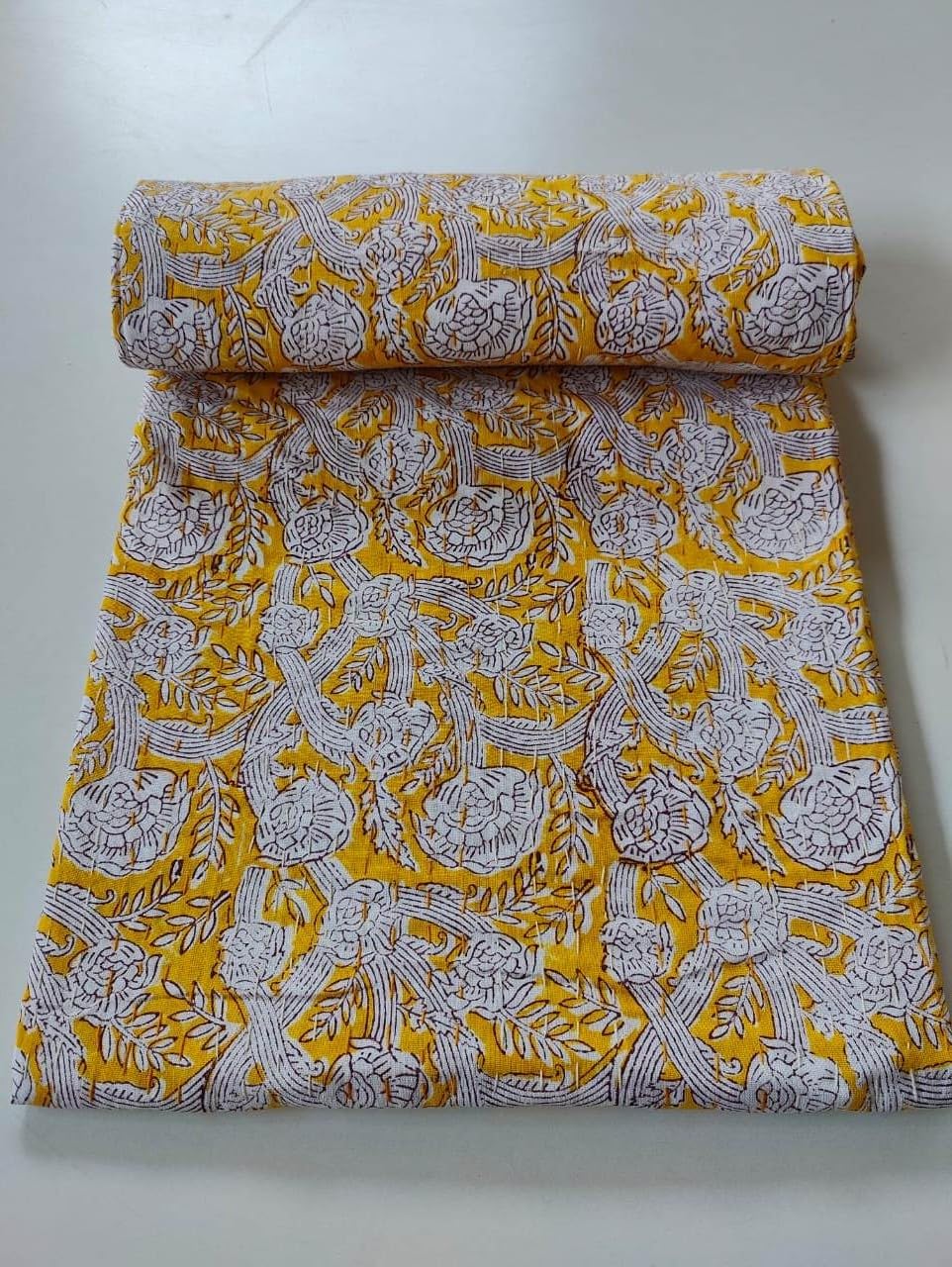 Handmade Indian Cotton Kantha Quilt - Queen Size Traditional Bedspread, Twin Blanket (90x60 Inches, Yellow Block) | Boho Chic Home Decor, Cozy Bedding for Guest Room & Bohemian Style Living Room