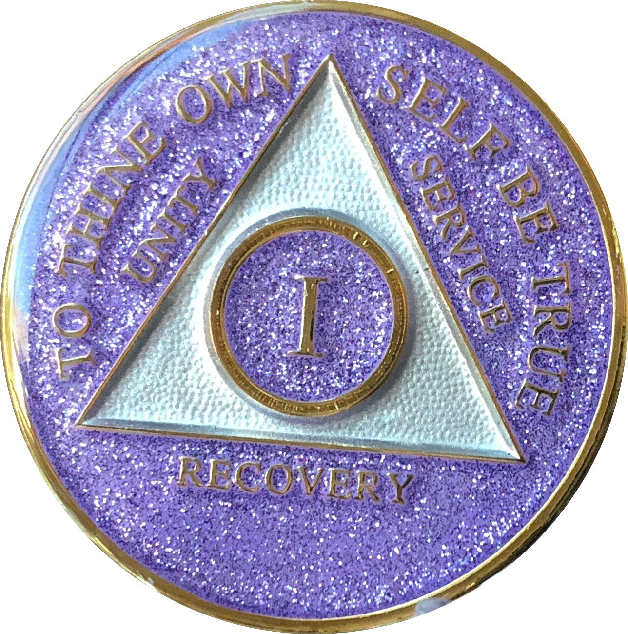 1 Year AA Medallion Purple Glitter Tri-Plate Bling Bling Chip - Perfect for Anniversary Gifts, Celebrations & Special Occasions