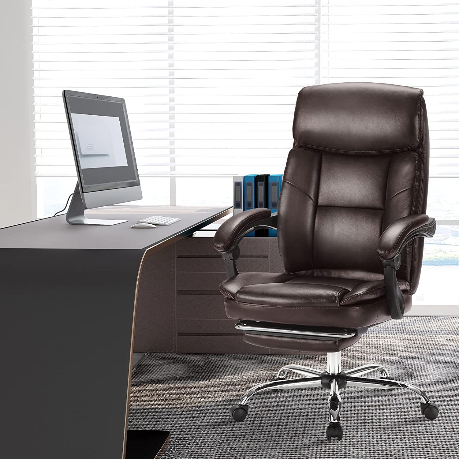 Premium Ergonomic Executive Office Chair - Big & Tall Leather Swivel Rolling Manager Chair with Adjustable High Back, Padded Armrests & Retractable Footrest - Perfect for Home Office, Gaming & Computer Workstations