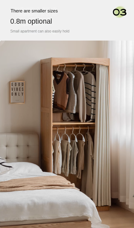 Oak Solid Wood Wardrobe with Curtain Design - Elegant Closet Storage for Bedroom, Living Room & Dorm Organization