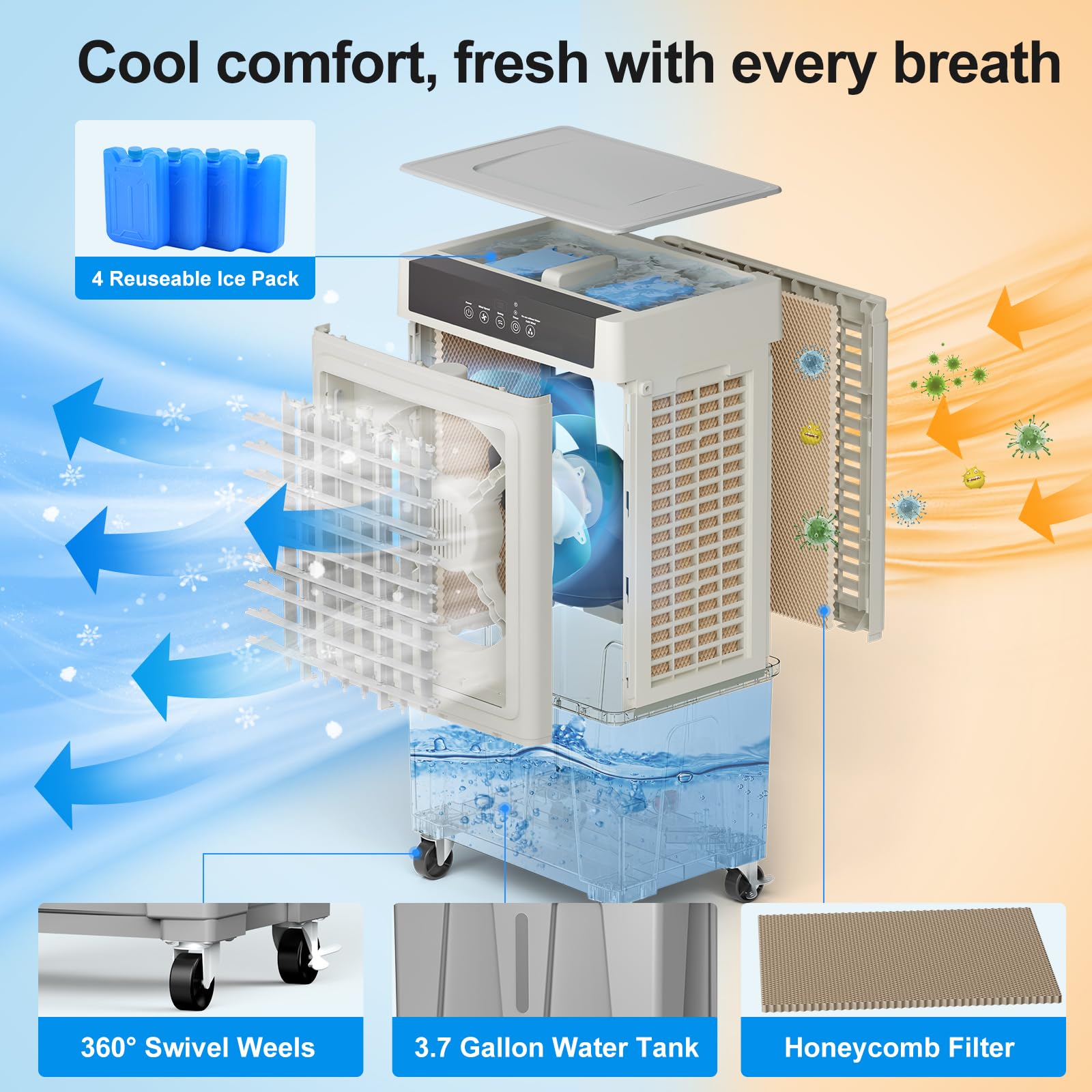 3500CFM Evaporative Air Cooler with 5.3 Gallon Water Tank - 100° Oscillation, 24H Timer, 3 Speeds & Modes, 4 Ice Packs - Portable Swamp Cooler with Remote for Room, Outdoor, Garage, Patio - Energy Efficient Cooling Solution for Home & Office Use
