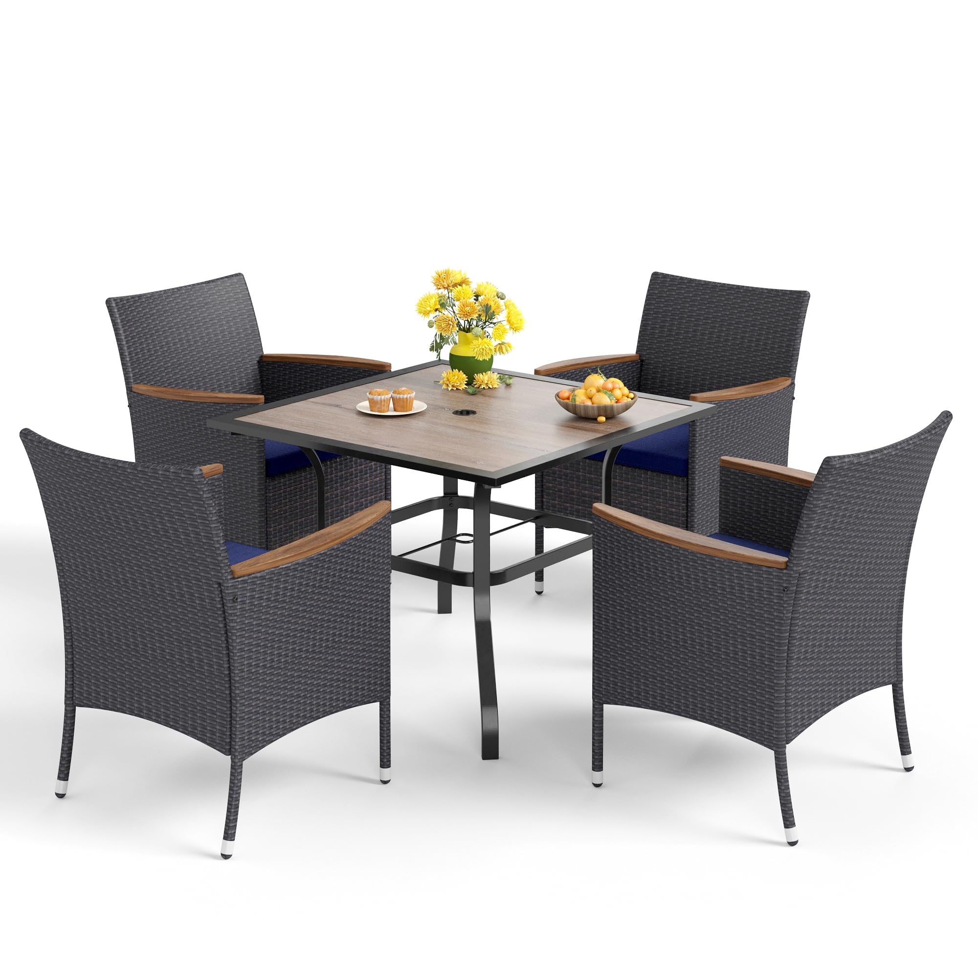 MFSTUDIO 5-Piece Outdoor Dining Set - Wood-Look Metal Table & 4 PE Wicker Chairs, Patio Furniture for Garden, Backyard, Poolside & Balcony Dining