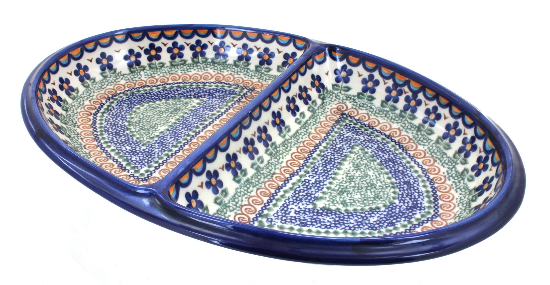 Blue Rose Polish Pottery Aztec Flower Large Divided Serving Dish - Perfect for Entertaining, Appetizers, and Home Decor