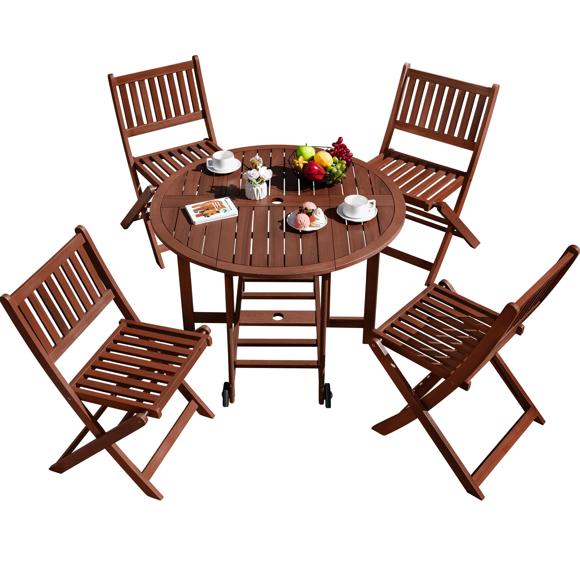 Greesum 5-Piece Outdoor Dining Set - Acacia Wood Patio Furniture with Folding Round Table & Chairs - All-Weather Backyard, Balcony, Porch, Deck & Garden Furniture Set (Dark Brown) - Perfect for Outdoor Entertaining, Family Gatherings & Relaxing in Your Garden