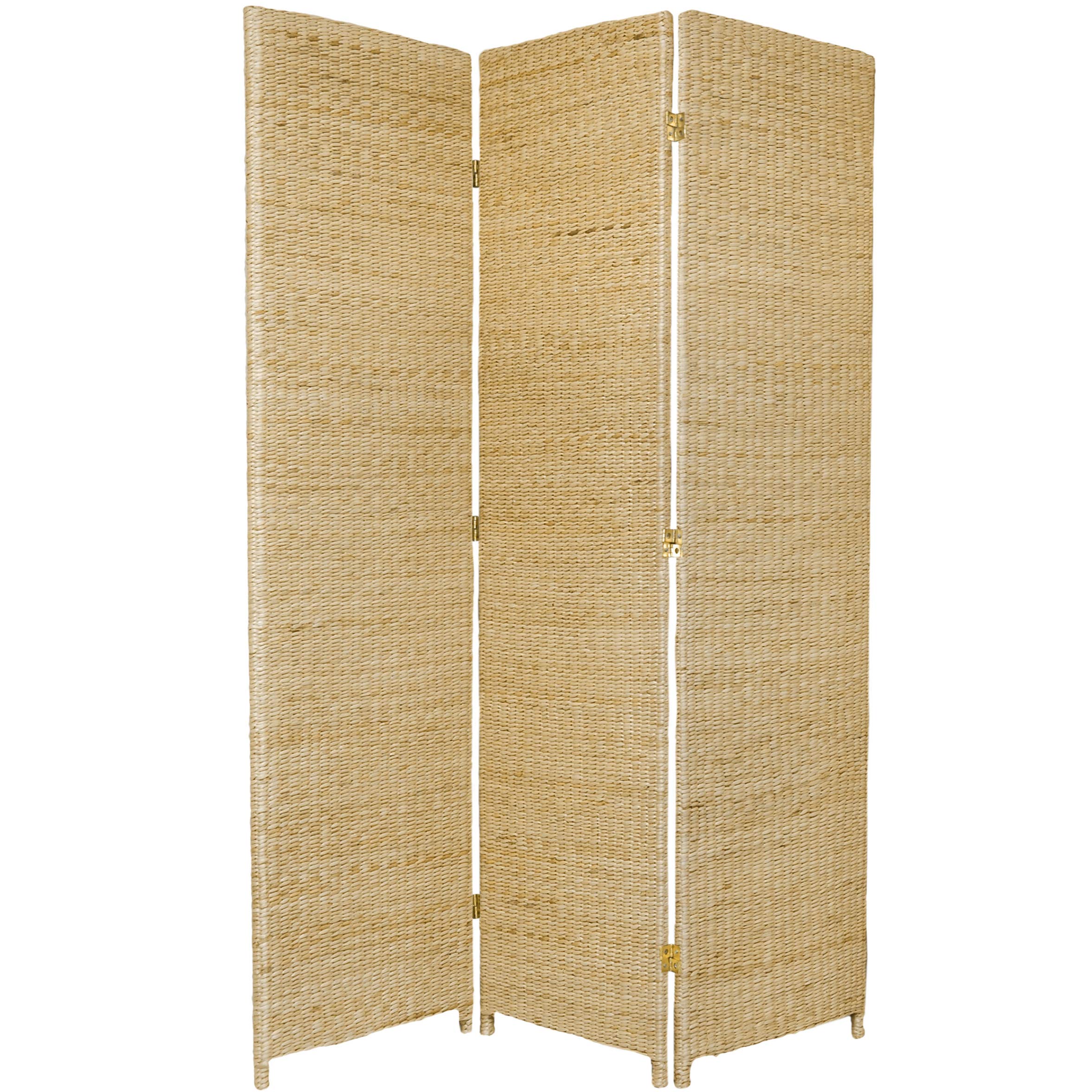 6 ft. Tall Natural Rush Grass Woven 3-Panel Room Divider - Red Lantern Style for Home Decor, Office Partition & Asian-Themed Spaces