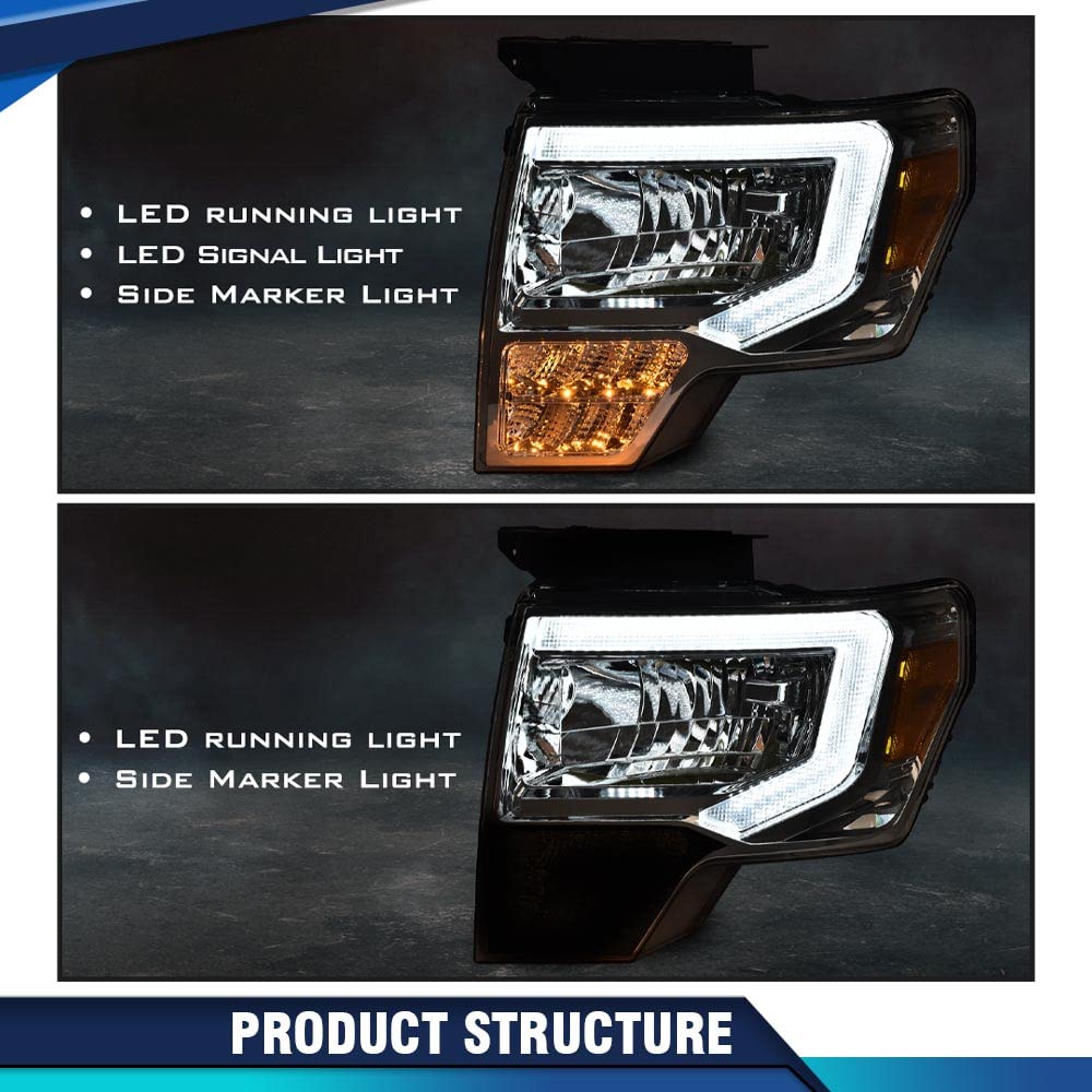 PIT66 LED Headlight Assembly for Ford F150 2009-2014 - Direct Replacement for Factory Halogen Headlights - Clear Lens & Chrome Housing with LED Light Bar - Perfect for Night Driving & Off-Road Adventures