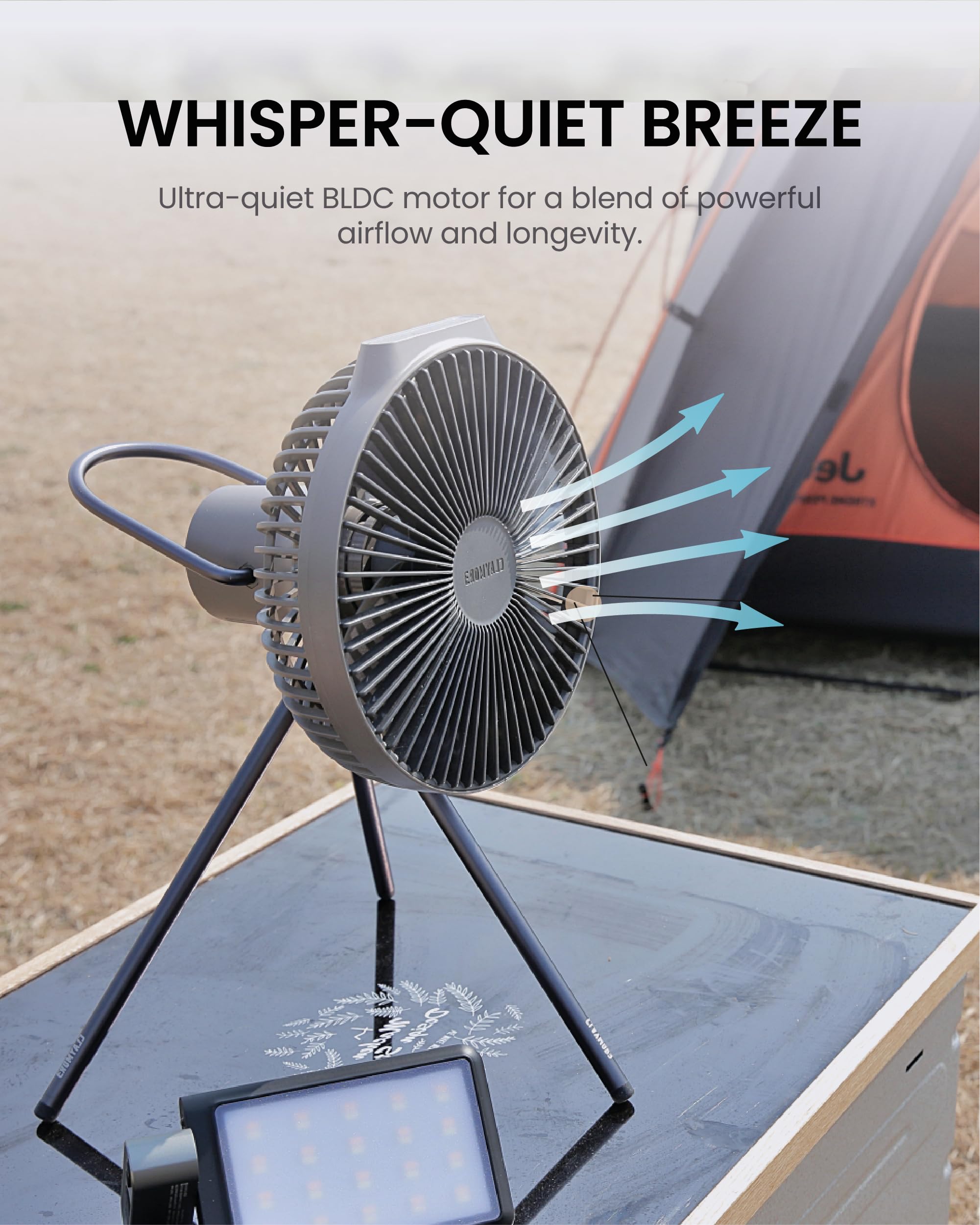 Claymore V600+ Portable Fan - Super Quiet USB-C Rechargeable Desk & Table Fan with Long-Lasting Battery | Perfect for Home Office, Bedroom, Outdoor Camping & Travel | Includes Storage Case (Warm Gray)