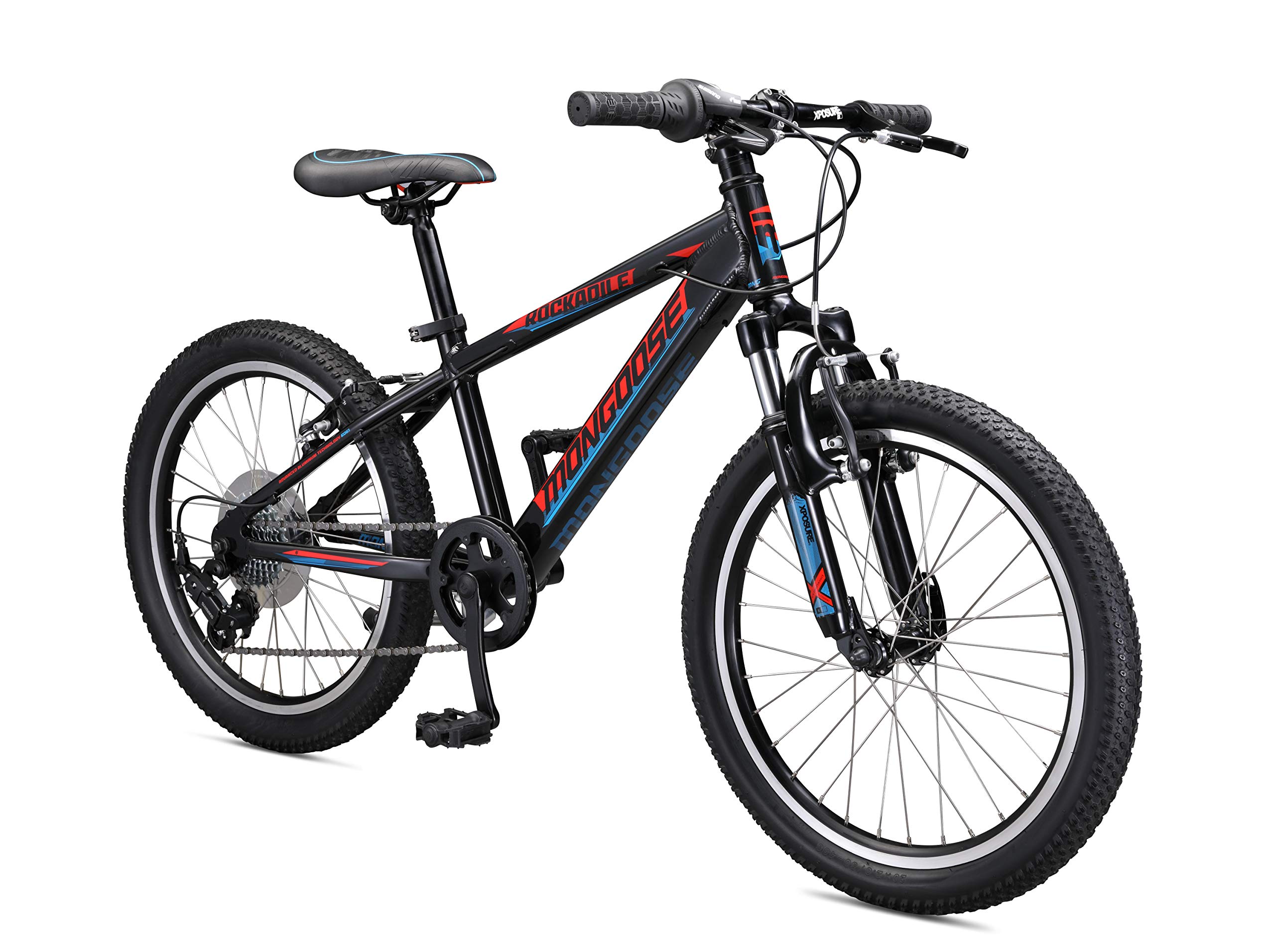 Mongoose Rockadile Kids Hardtail Mountain Bike - 24 Inch Wheels, Lightweight Aluminum Frame, 7-Speed Gears for Boys & Girls - Perfect for Trail Riding, Backyard Adventures & Off-Road Cycling