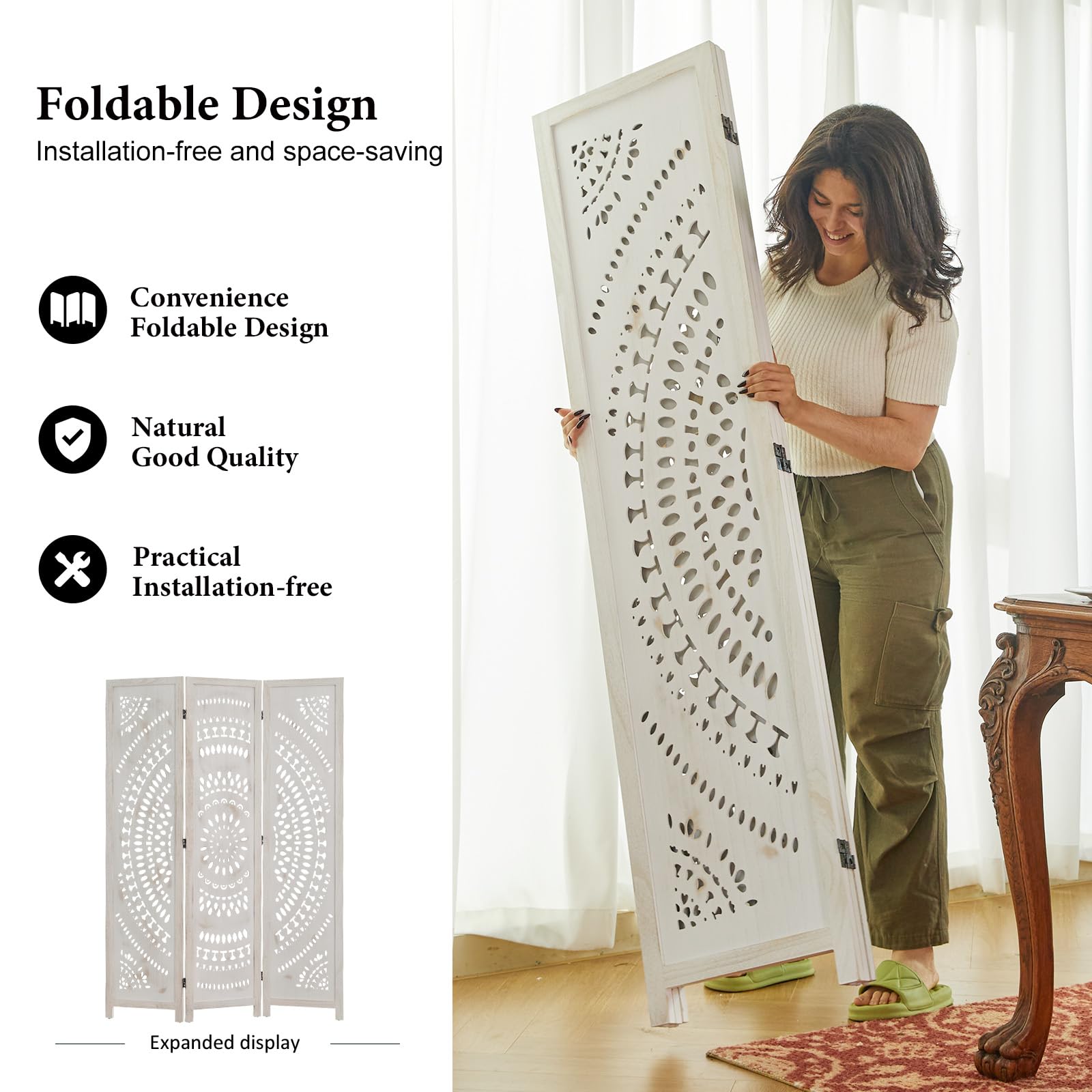 Handcrafted Wooden Room Divider Screen - 3 Panel Folding Partition with Bohemian Carvings for Home, Office, Garden & Terrace (Antique White Finish) | Perfect for Creating Privacy Spaces, Room Separation & Decorative Accents
