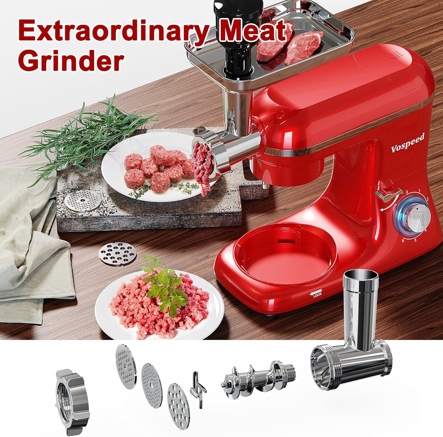 Vospeed 9-in-1 Stand Mixer 850W - Tilt-Head Electric Kitchen Mixer with 8 QT Stainless Steel Bowl, 1.5L Glass Jar, Meat Grinder, Dough Hook, Whisk & Beater - Dishwasher Safe (Red) - Perfect for Baking, Cooking, Grinding Meat & Mixing Dough at Home