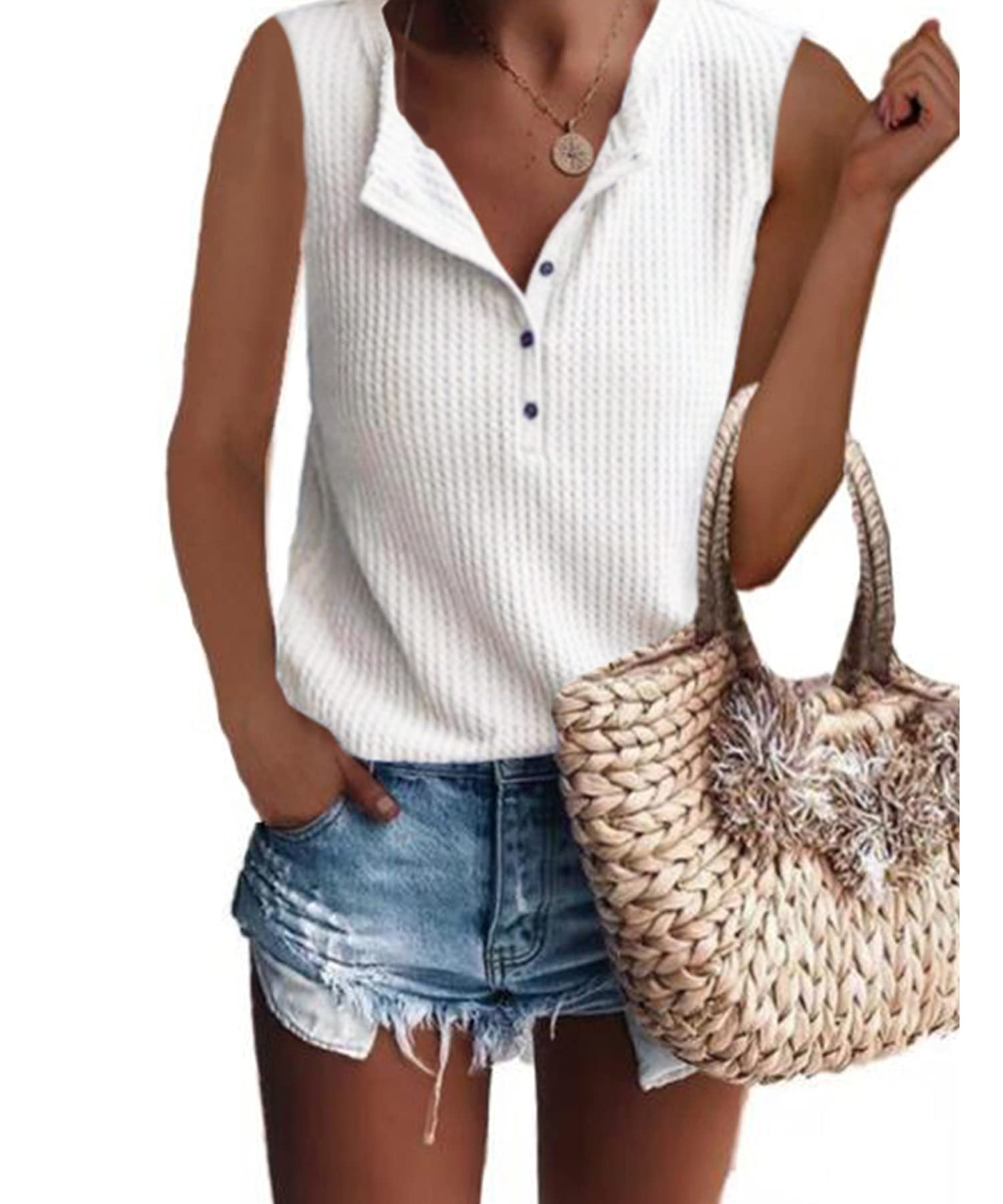 Famulily Women's Flowy Waffle Knit Tank Top - Loose Fit Button Up V-Neck Henley Shirt for Summer, Casual Wear & Layering