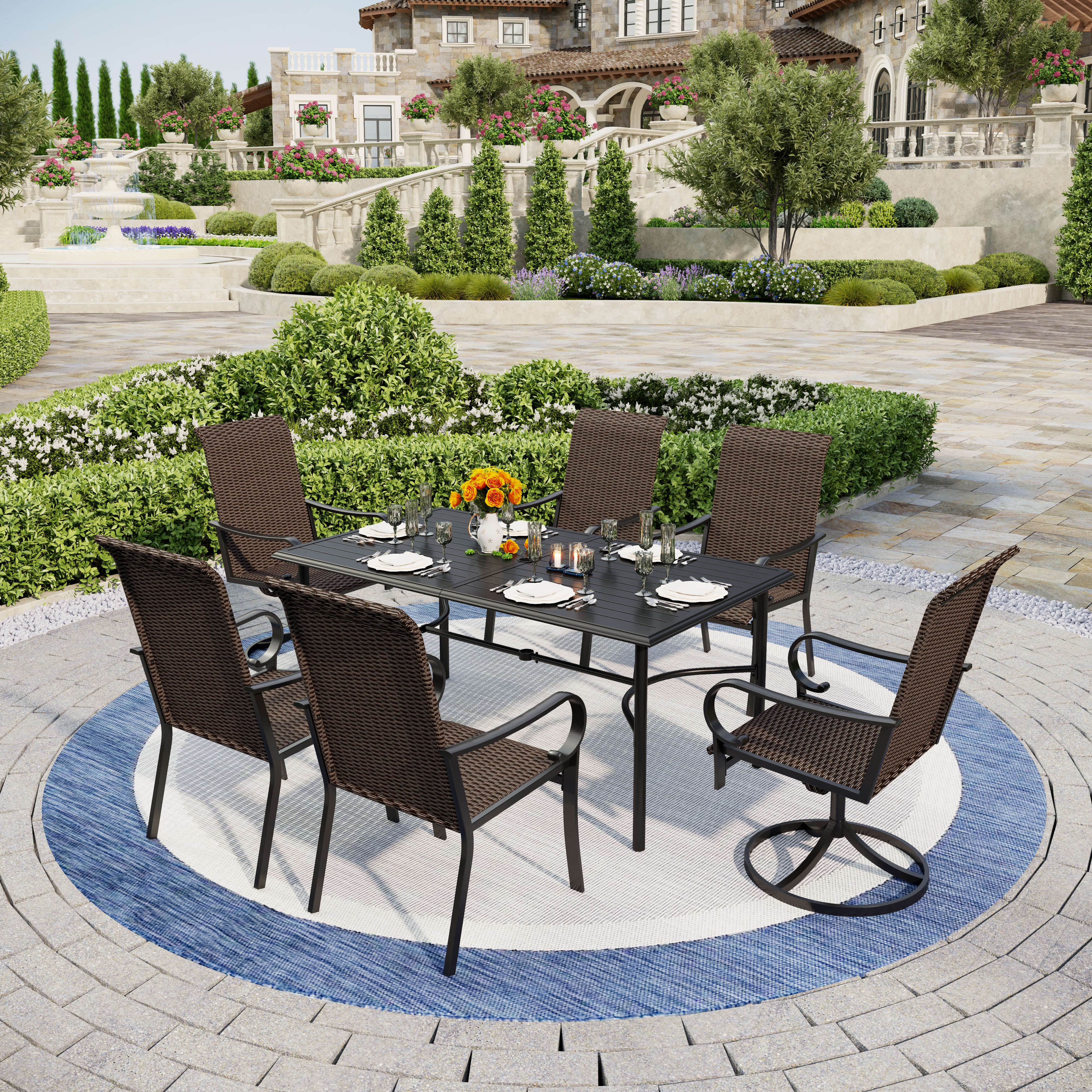 PHI VILLA 7-Piece Outdoor Dining Set with Wicker Chairs & Bar Table - Rattan Patio Furniture for Garden, Backyard, Poolside & Restaurant Use