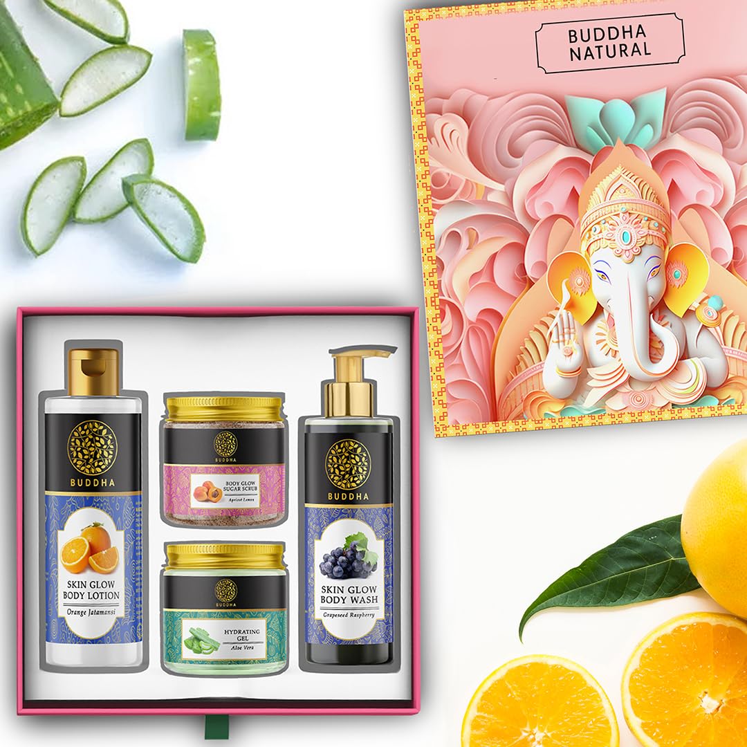 **Mighty Ganesha Buddha Natural Body Glow Gift Box – Ayurvedic Skincare Set with Body Wash, Scrub, Hydrating Gel & Lotion – Diwali Gift for Radiant, Hydrated Skin – Perfect for Festive Gifting & Daily Skincare Routine**