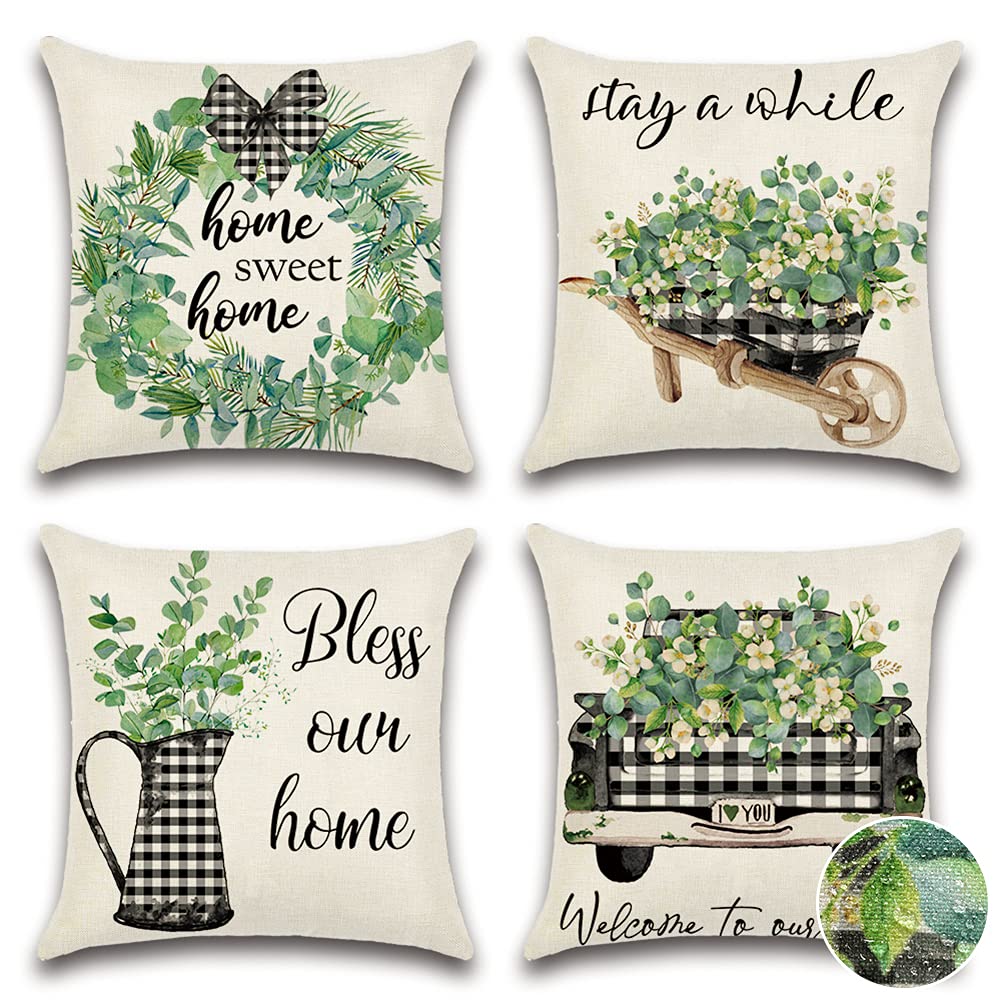 OTOSTAR Waterproof Outdoor Throw Pillow Covers - Pack of 4 (18x18 Inch) - Decorative Leaf Pattern Cushion Cases for Patio, Garden, Couch & Home Decor - Perfect for Spring, Summer & Holiday Seasons - Eucalyptus Design