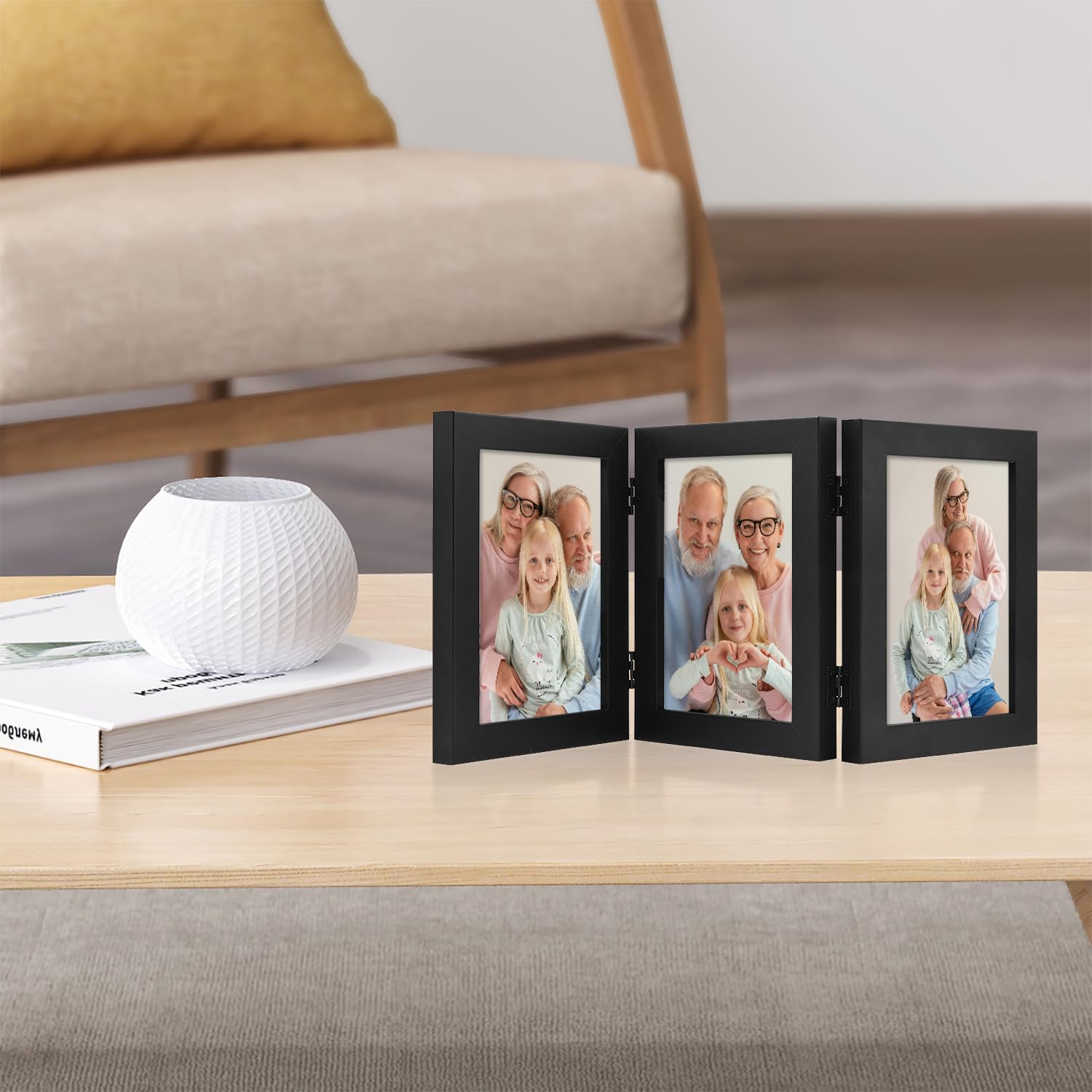 Frametory 5x7 Triple Picture Frame - Black Trifold Photo Collage with Glass Front for Tabletop Display | Perfect for Family Photos, Wedding Memories, and Home Decor (1 Pack)