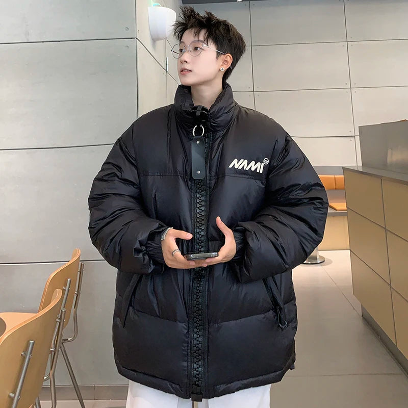 American Style Men's Parka Jacket - Stand Collar, Big Zipper Design, Letter Print, Drawstring, Loose Fit Padded Coat for Winter (CPG2531) | Outdoor Activities, Urban Streetwear & Casual Fashion