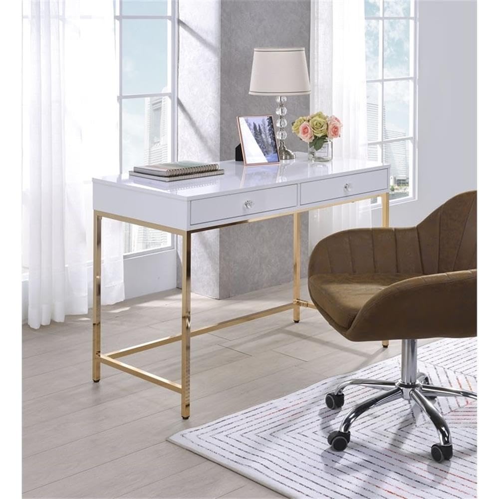 Acme Ottey 2-Drawer White High Gloss Vanity Desk with Gold Metal Legs - Perfect for Bedroom Makeup & Dressing Table, Home Office Workspace