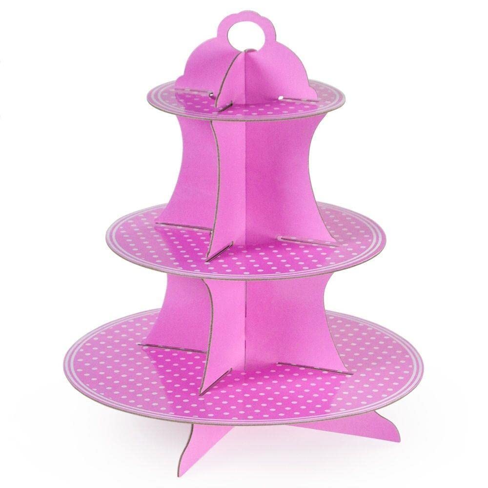 BebLP Pink Polka Dot 3 Tier Cupcake Stand - 14x12 Inch Snack Dessert Display Tray for Parties, Weddings & Events | Durable Cake Holder for Cupcakes, Cookies & Pastries