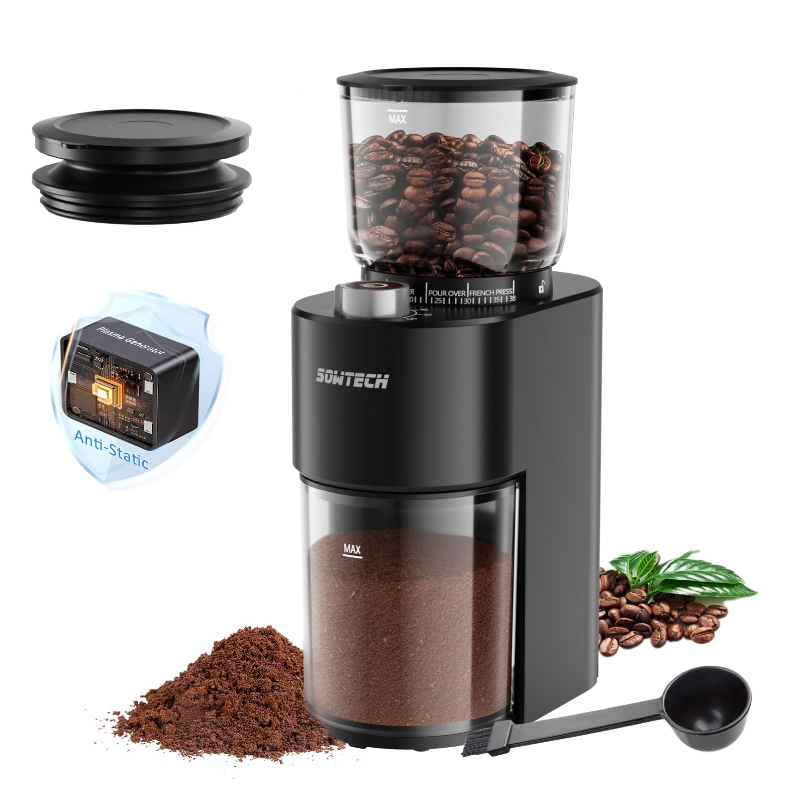 Premium Anti-Static Conical Burr Coffee Grinder - Adjustable Electric Mill with 38 Precise Grind Settings & Precision Timer - Perfect for Espresso, Drip Coffee, French Press & Cold Brew - Ideal for Home Baristas & Coffee Enthusiasts - Black
